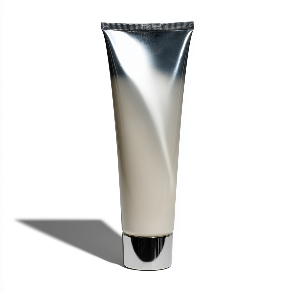 Tubo de creme metálico sobre fundo branco com iluminação direta, criando sombras suaves. O design moderno e minimalista destaca a superfície brilhante do metal, com uma composição equilibrada e foco claro nos detalhes do acabamento.