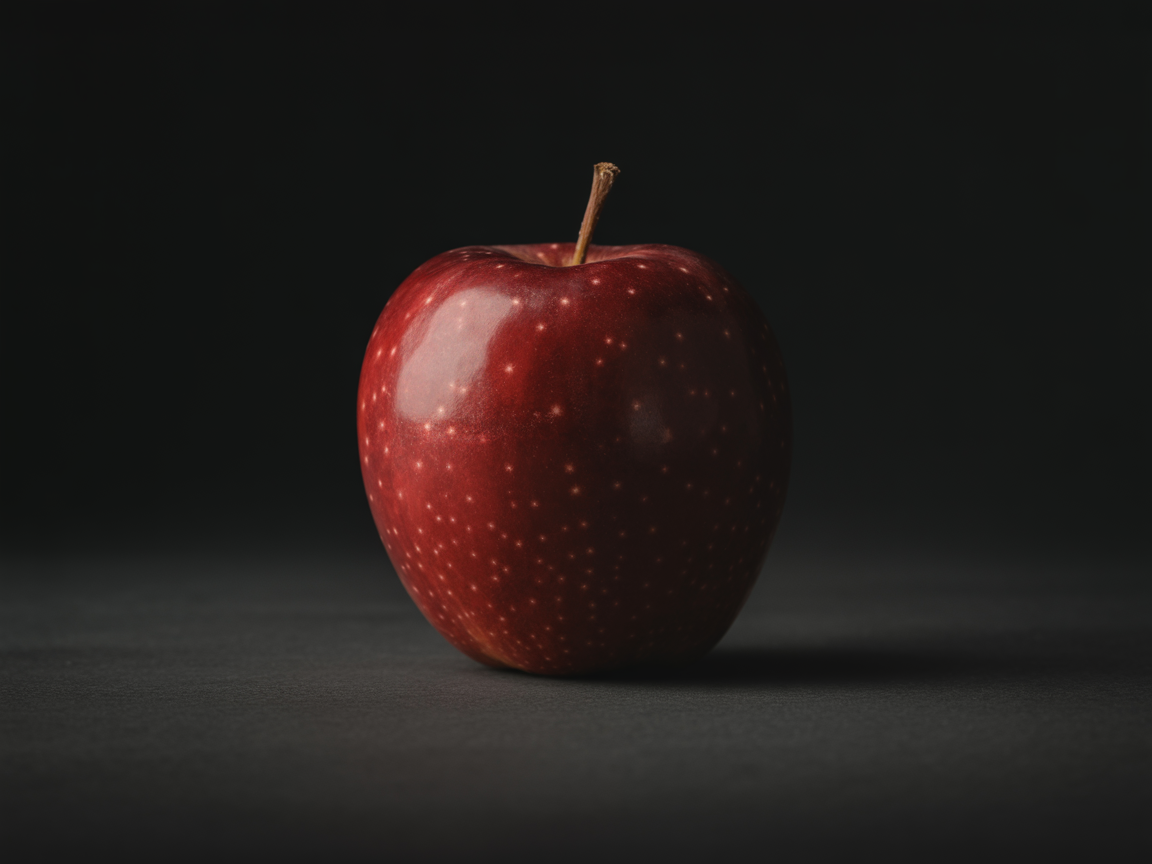 A glossy red apple sits elegantly on a dark surface, showcasing its vibrant color and