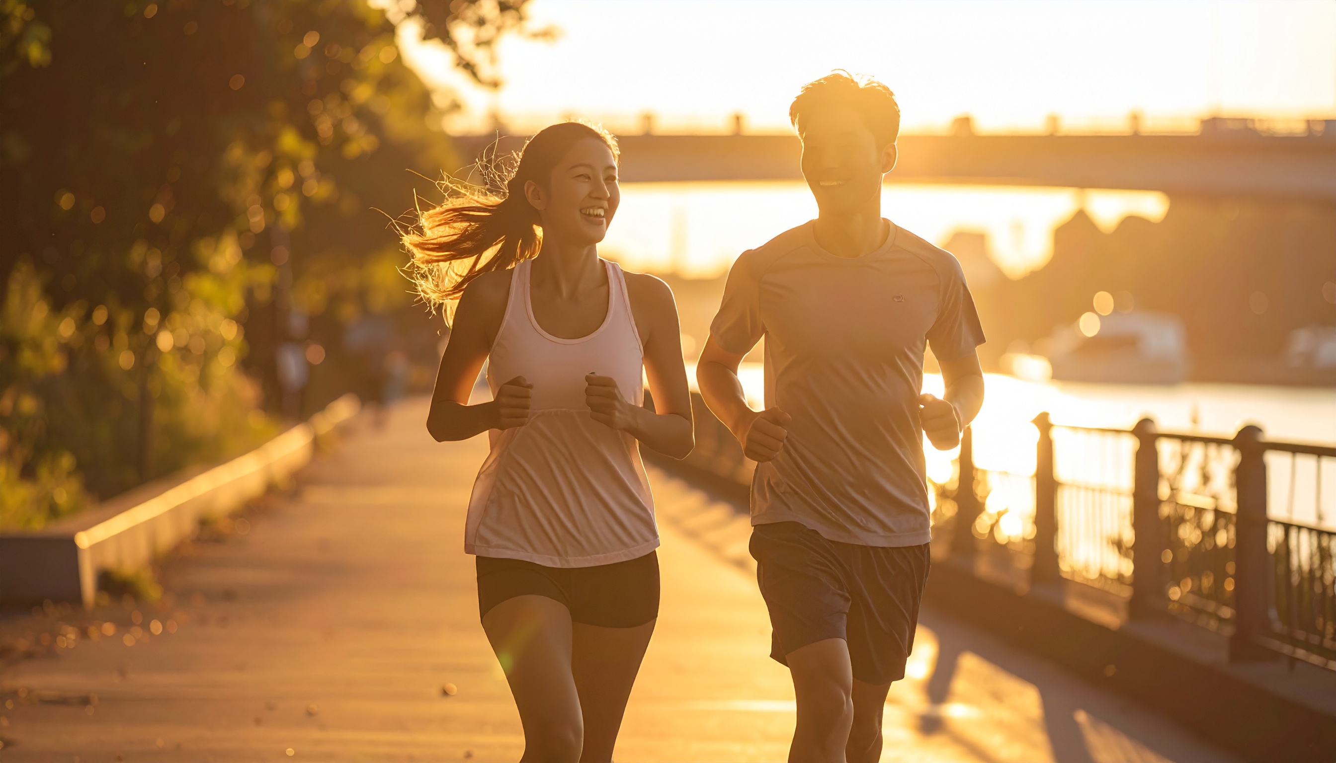 Two People Running on a Riverside Promenade at Sunset