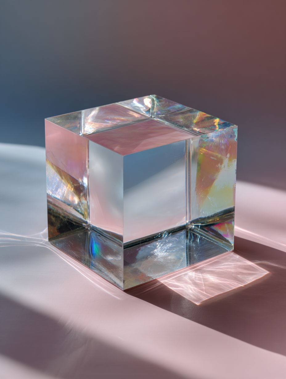 Cubo de vidro transparente em superfície iluminada por luz suave, criando reflexos e refrações coloridos. Fundo em tons de azul e rosa, composição minimalista e elegante, com foco nítido e detalhes cristalinos.