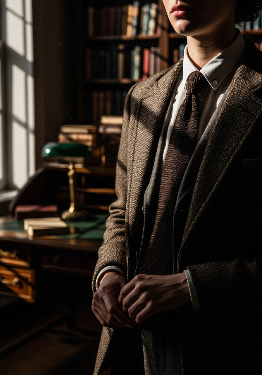 A person in a tailored brown suit stands in a classic study