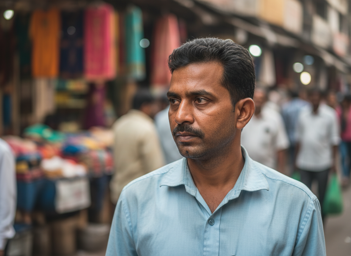 A man in a blue shirt navigates a bustling market street