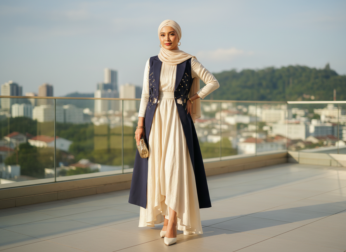 Mulher vestindo elegante traje moderno com hijab em terraço urbano. O look oferece sofisticação para eventos formais e ocasiões especiais. O vestido creme combinado com um colete azul marinho cria um contraste visual atraente. Ideal para encontros ao entardecer ou eventos sociais em locais urbanos. A escolha perfeita para quem busca estilo e elegância com um toque contemporâneo.
