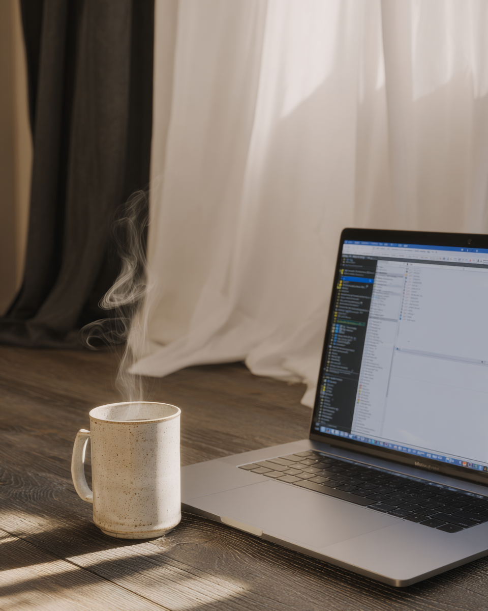 Um laptop aberto sobre o chão de madeira ao lado de uma caneca de cerâmica com café quente fumegante, em um ambiente iluminado por luz suave através de cortinas brancas, criando uma atmosfera de tranquilidade e produtividade caseira.
