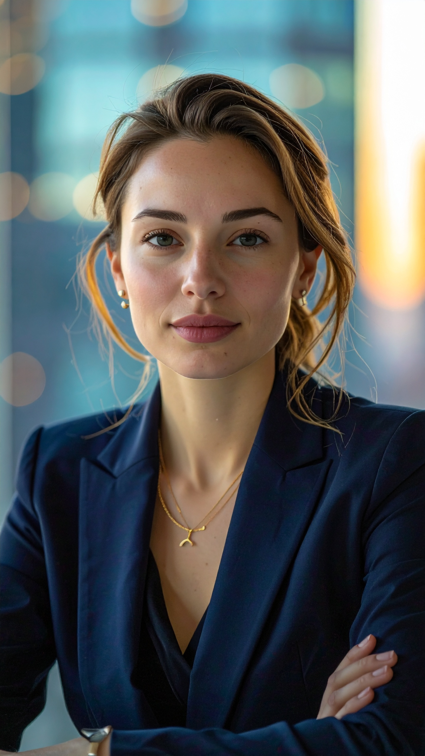 A woman in a navy blazer looks confidently at the camera, set against a blurred cityscape