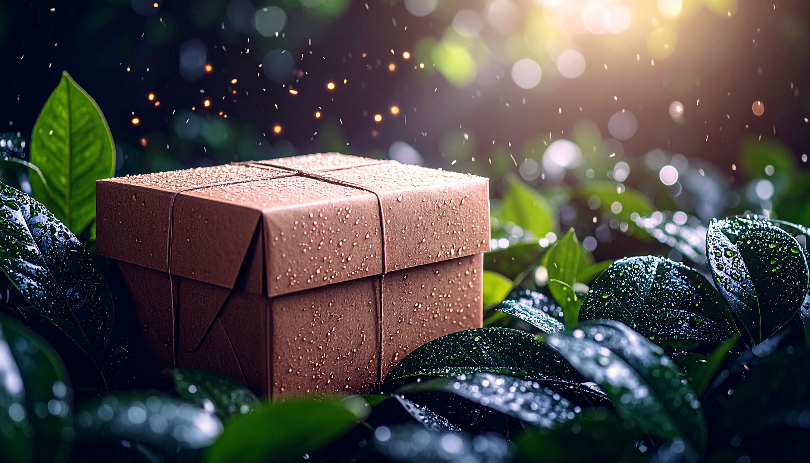 Uma caixa de presente marrom coberta de gotas d'água repousa entre folhagens verdes úmidas, com luz solar suave e partículas brilhantes no ar, criando um ambiente de mistério e surpresa.