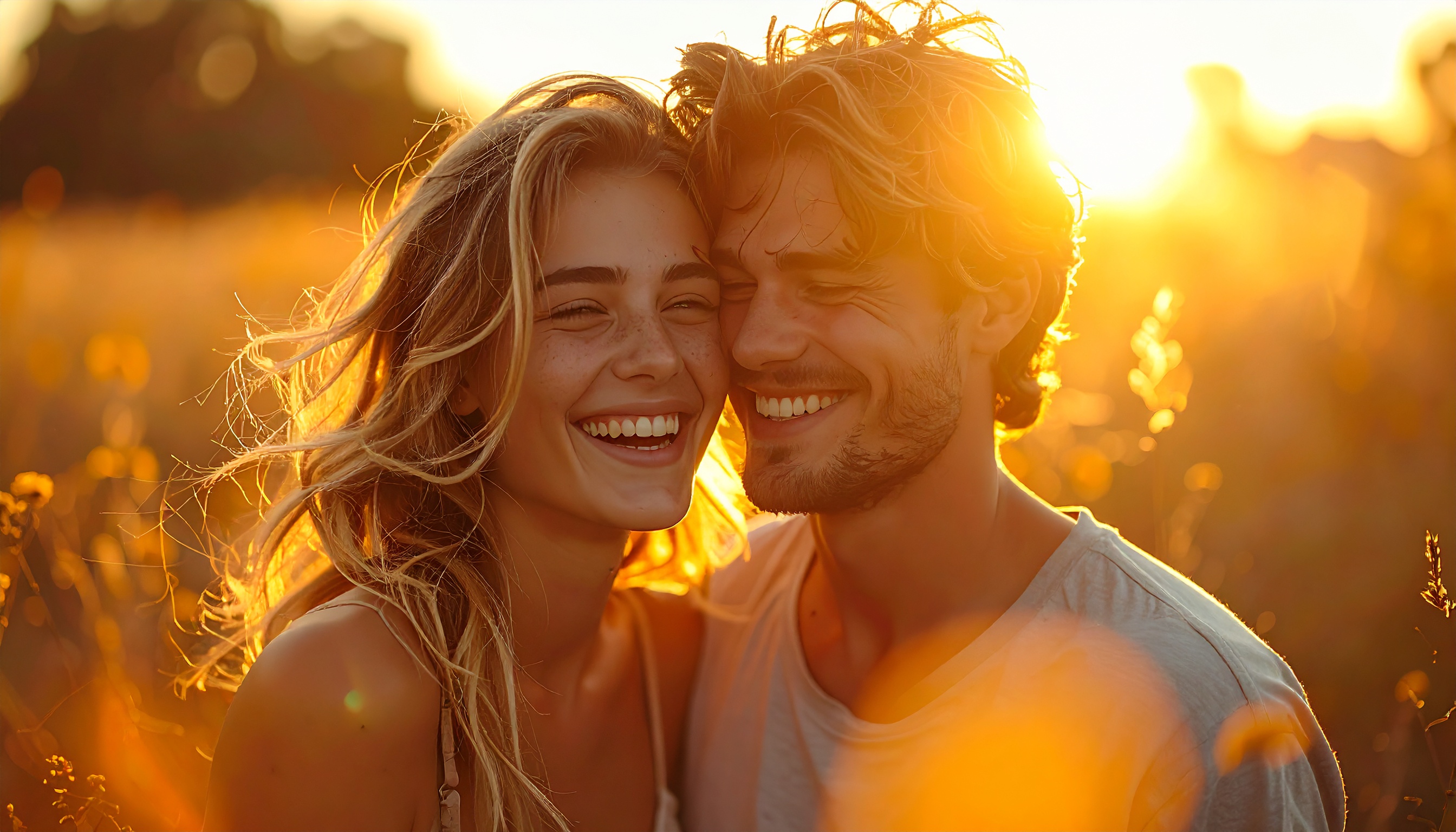 Happy Couple in Sunlit Field at Sunset