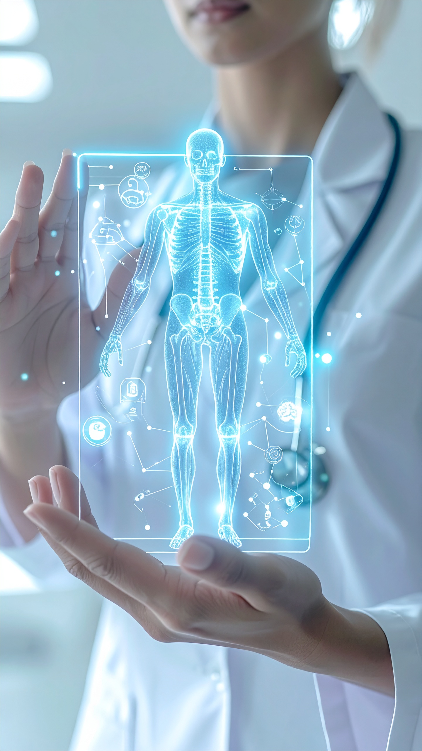 Imagem de um holograma médico interativo mostrando o sistema esquelético humano. Essa tecnologia é usada para ensino e diagnóstico em ambientes médicos. O holograma, em tom azul brilhante, está diante de um profissional da saúde com jaleco branco. Ideal para utilização em clínicas, hospitais e instituições de ensino. A inovação visual destaca-se pela clareza e detalhamento anatômico.