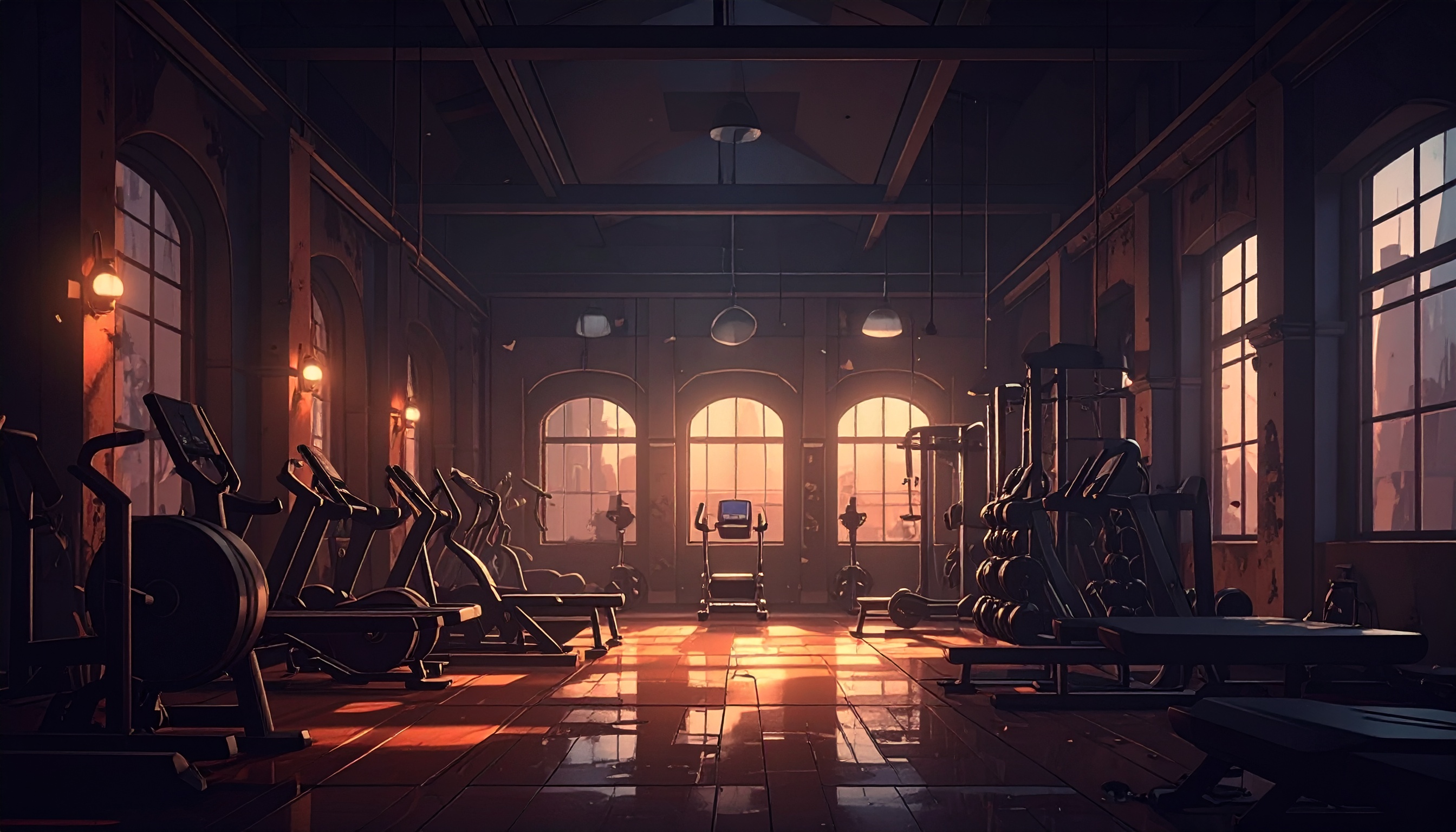 A sunlit gym showcases silhouetted exercise equipment