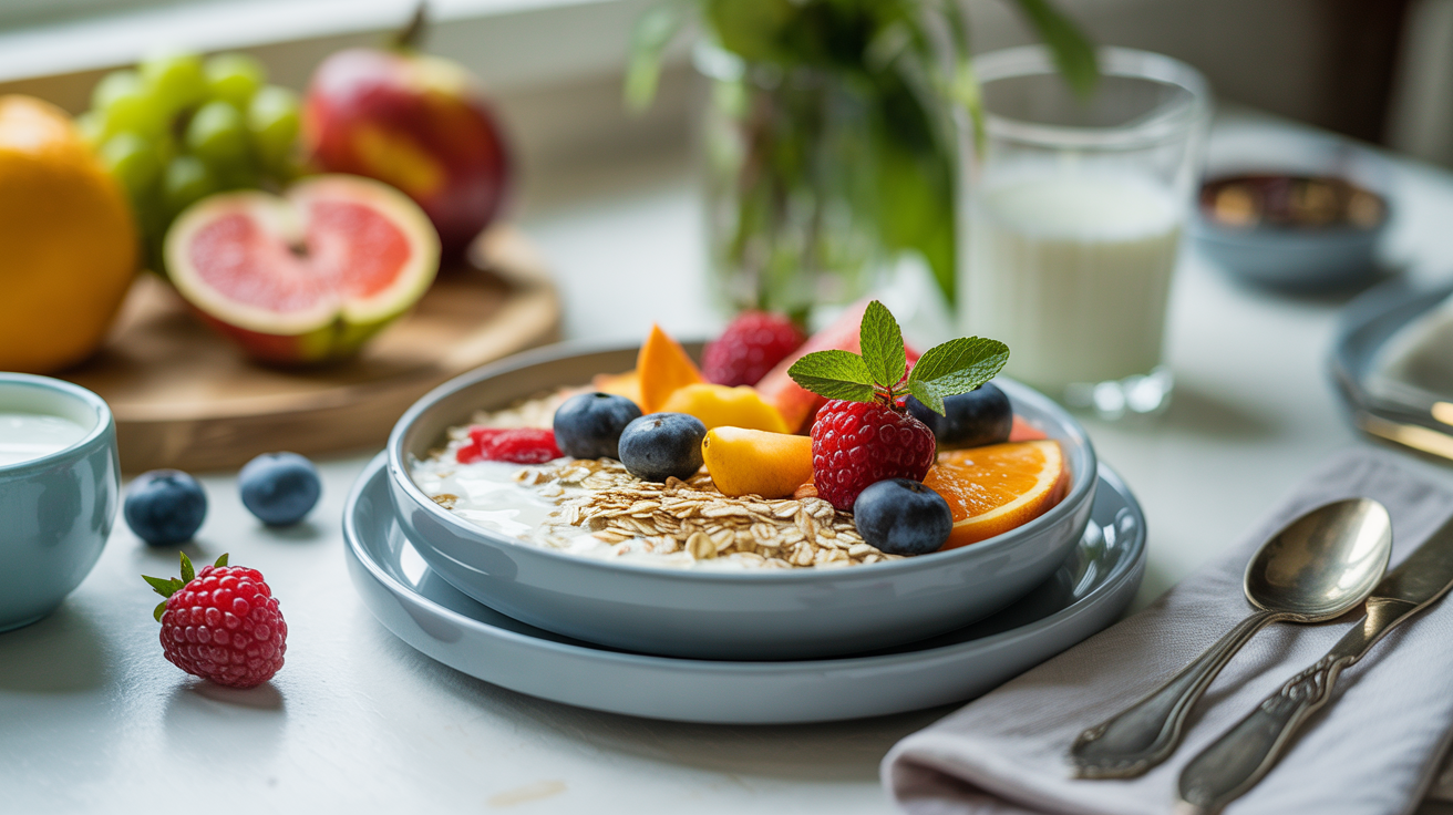 Uma tigela de cerâmica azul contém uma mistura colorida de aveia, mirtilos, framboesas, fatias de laranja e pêssego, destacando-se em uma mesa branca iluminada por luz natural suave. Ao fundo, frutas frescas, como maçã, laranja e figo, complementam a estética saudável e vibrante, enquanto um copo de leite e uma colher sobre guardanapo adicionam um toque de simplicidade e charme rústico.