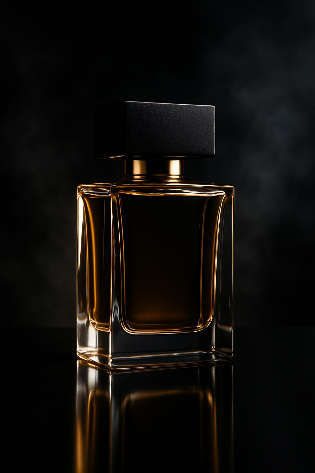 A sophisticated perfume bottle with a sleek, rectangular design stands elegantly against a dark back