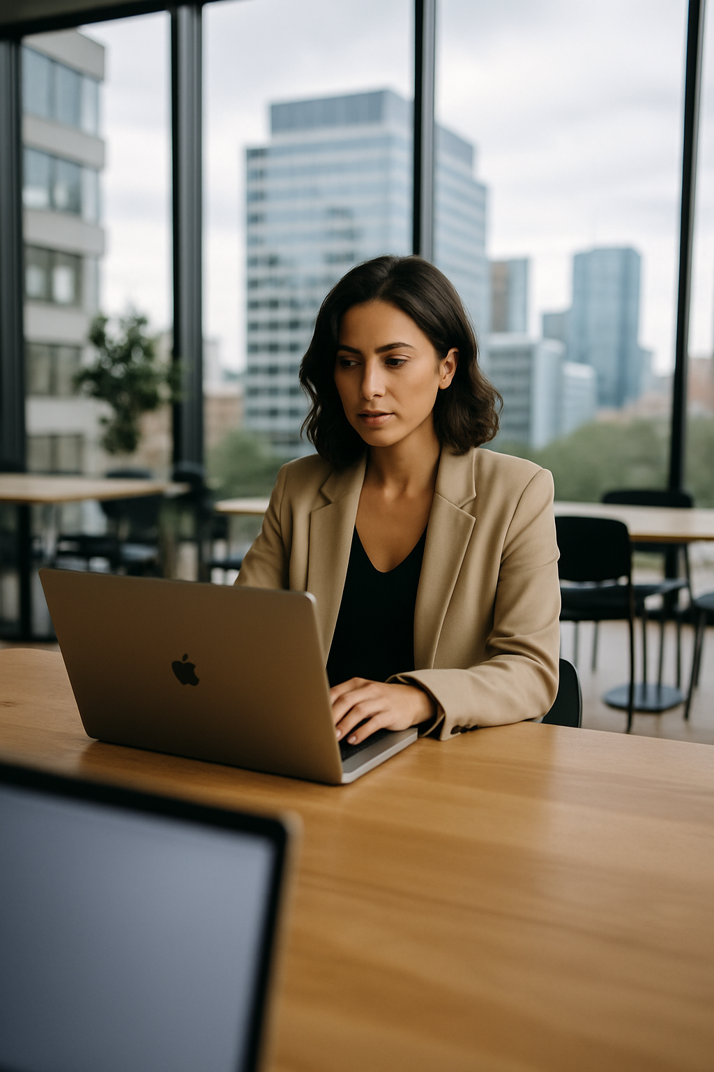 A professional woman works on a laptop in a modern office setting