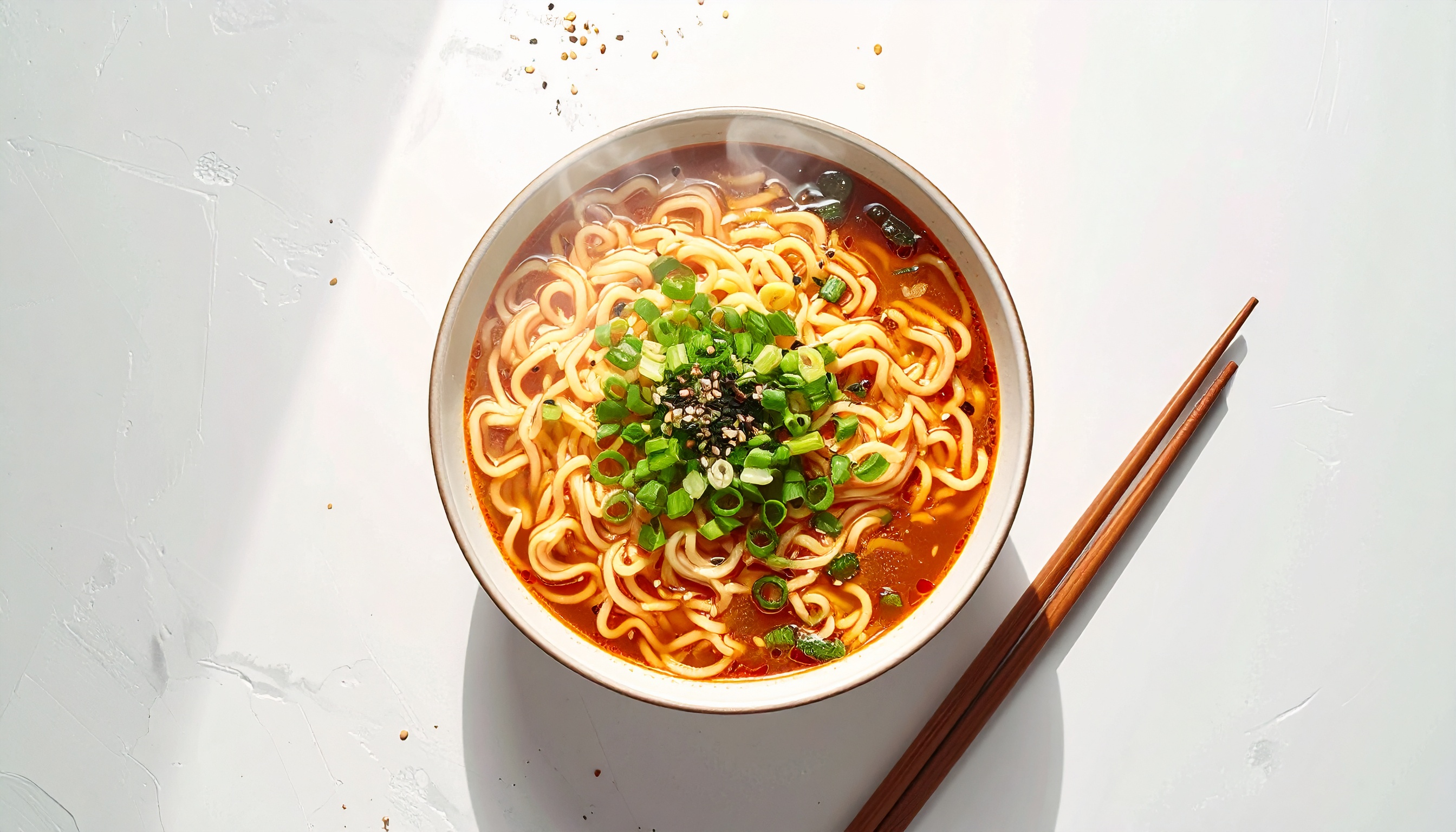 Tigela de ramen com caldo vermelho e cebolinha, em um prato bem servido. Ideal para quem busca uma refeição rápida e saborosa, típica da culinária asiática. O contraste das cores vivas e o vapor que sobe dão um toque de frescor e apetite irresistível. Perfeito para um almoço ou jantar rápido em casa ou no trabalho. A combinação de sabores e a apresentação tornam o prato atraente e convidativo.
