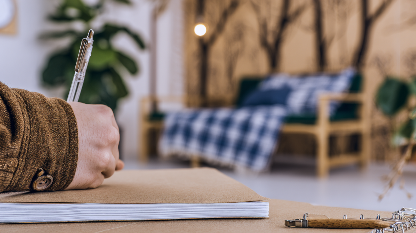 Mão segurando uma caneta sobre um caderno em uma sala aconchegante, com iluminação suave. O fundo desfocado revela móveis de madeira e uma planta, criando uma atmosfera calma e acolhedora. O foco está na ação de escrever, com composição equilibrada e profundidade de campo controlada.