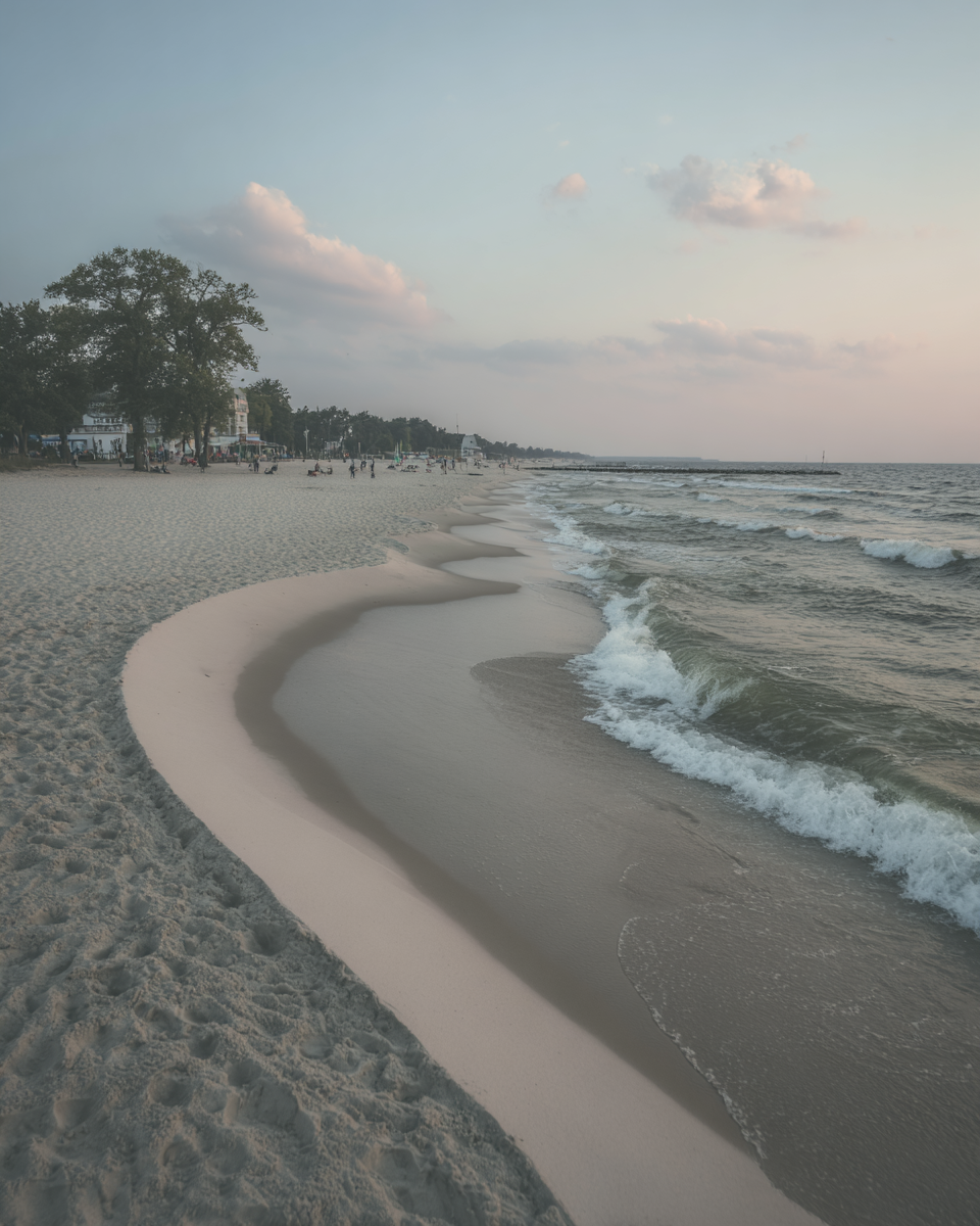 Praia extensa com areia clara e ondas suaves, iluminada por um céu azul com nuvens rosadas ao entardecer. Árvores ao fundo e algumas pessoas desfrutando do local criam uma atmosfera serena e tranquila. A composição captura o movimento da água e a textura das pegadas na areia, com foco suave e perspectiva ampla.