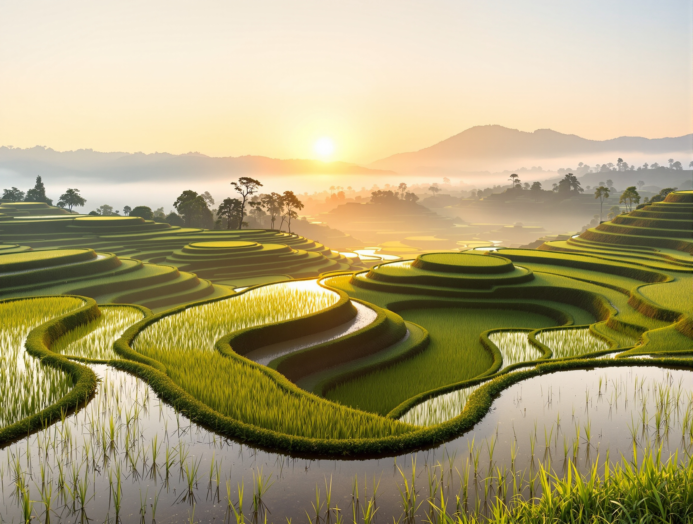 Lush green rice terraces bathed in golden sunlight create a serene landscape