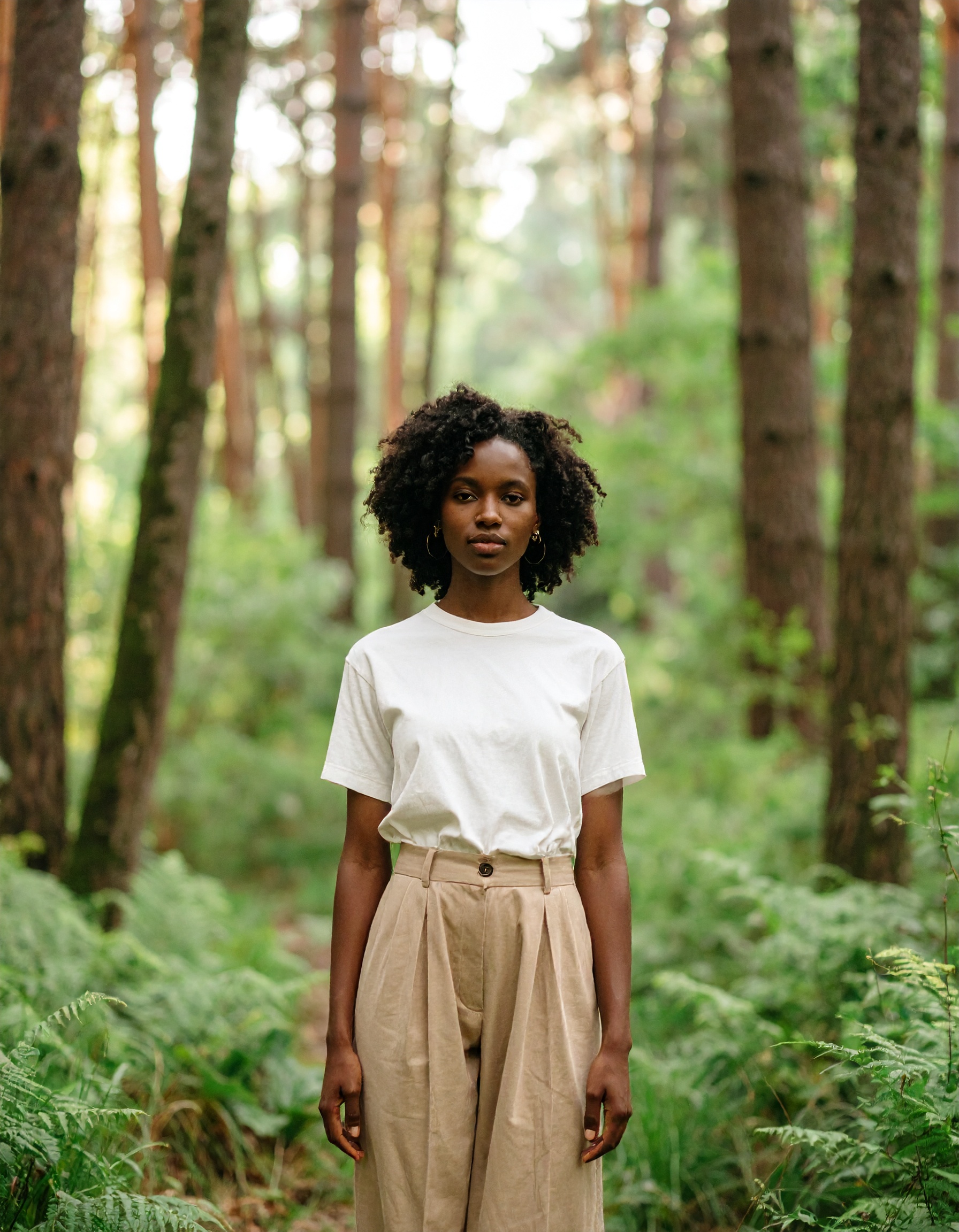 A person stands confidently in a lush forest setting