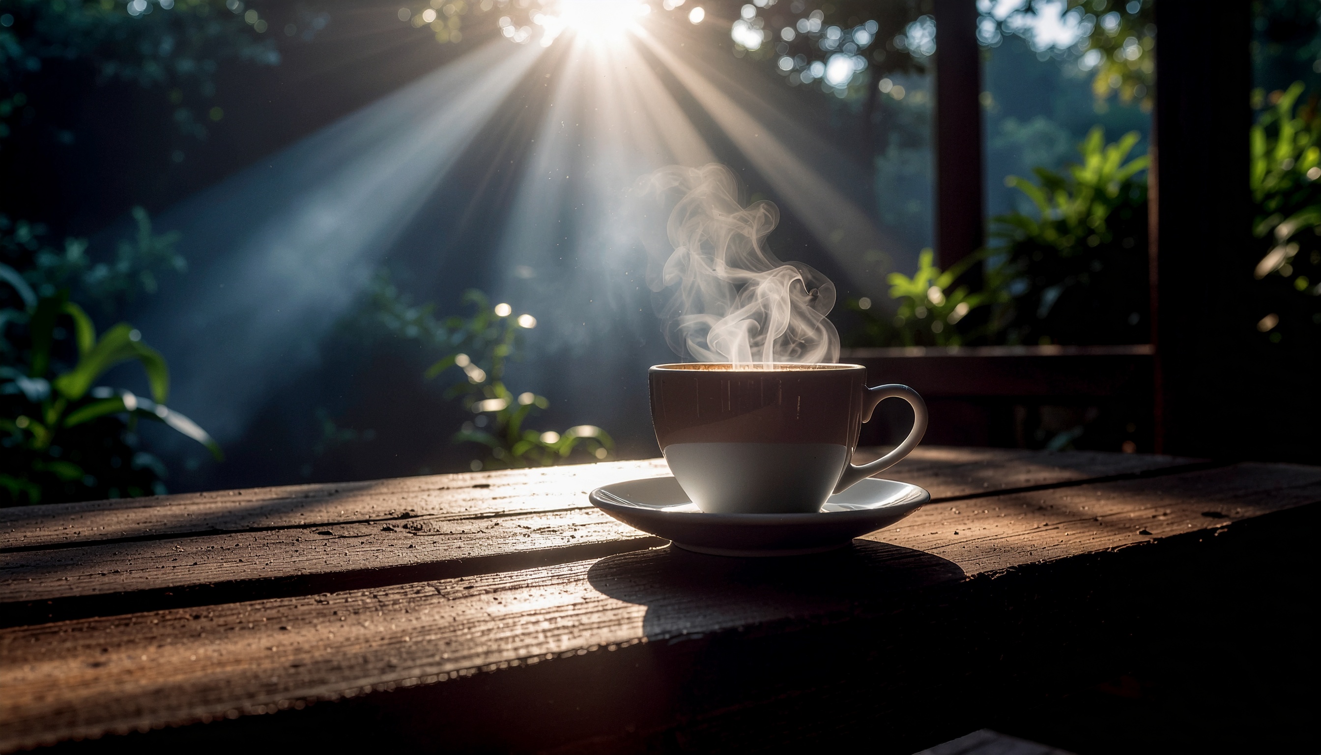 Steaming Coffee Cup on Rustic Wooden Table