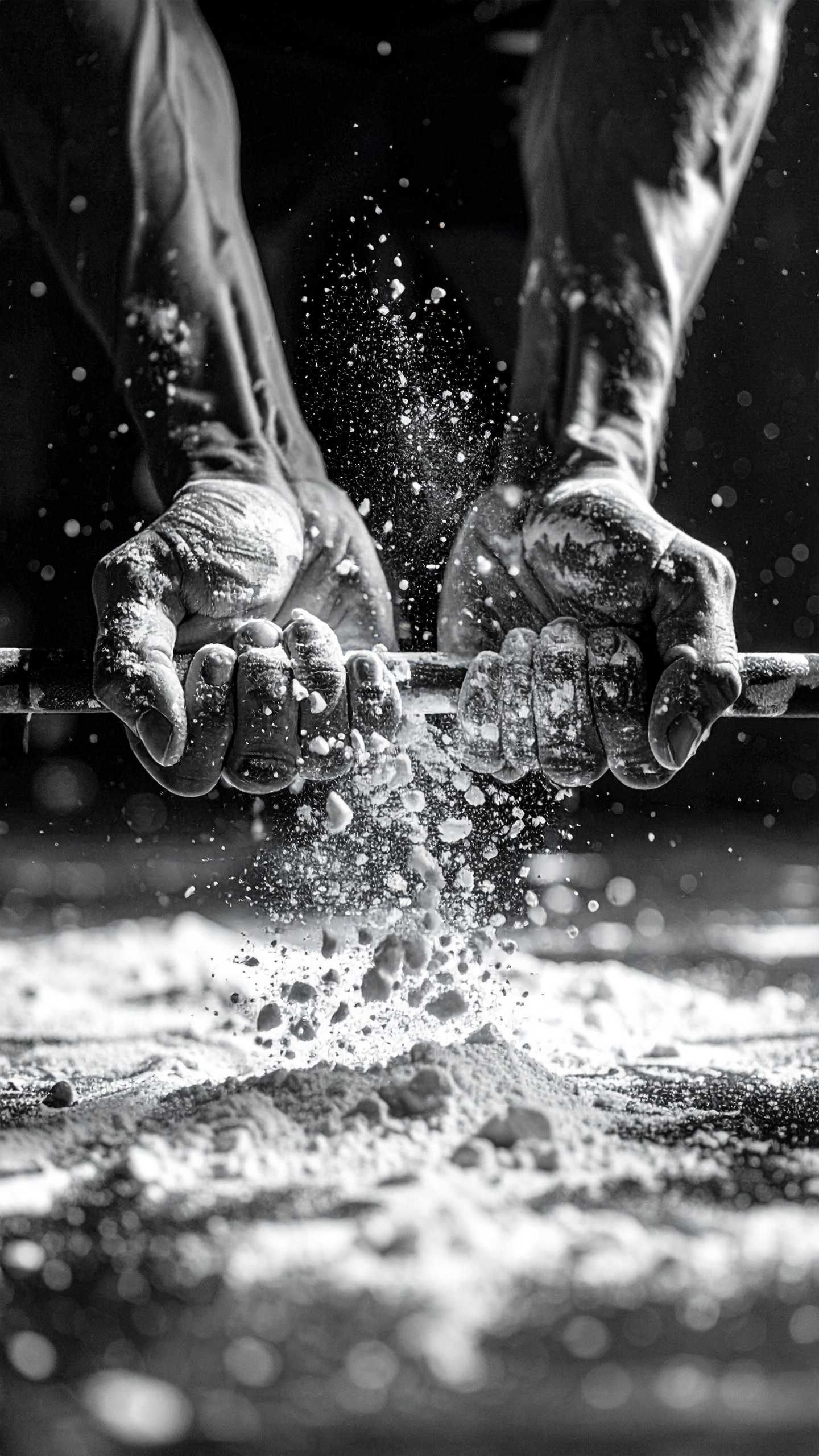 A powerful black and white image captures hands gripping a barbell, with chalk dust exploding
