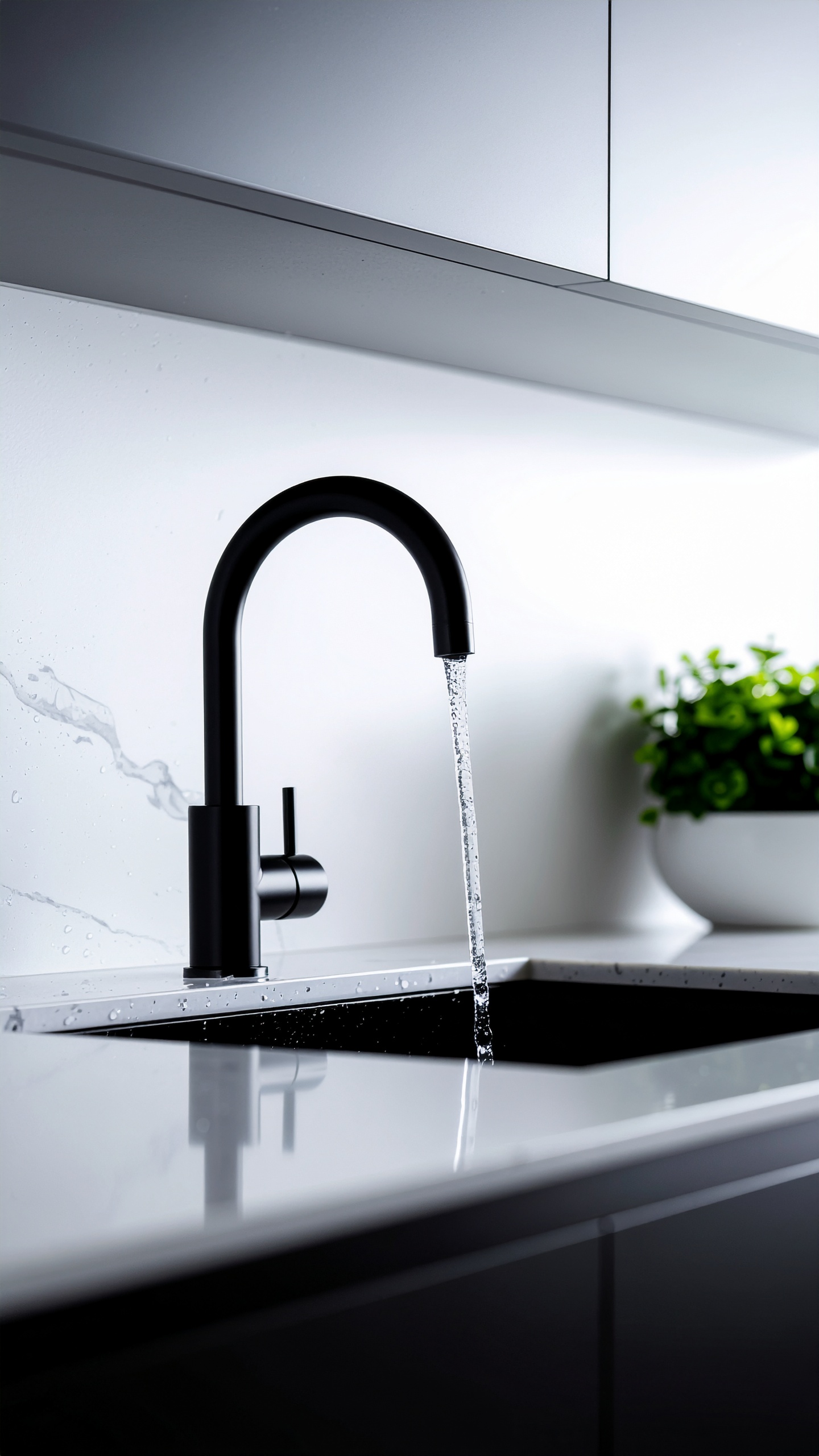 Modern Kitchen with Black Faucet and White Countertop