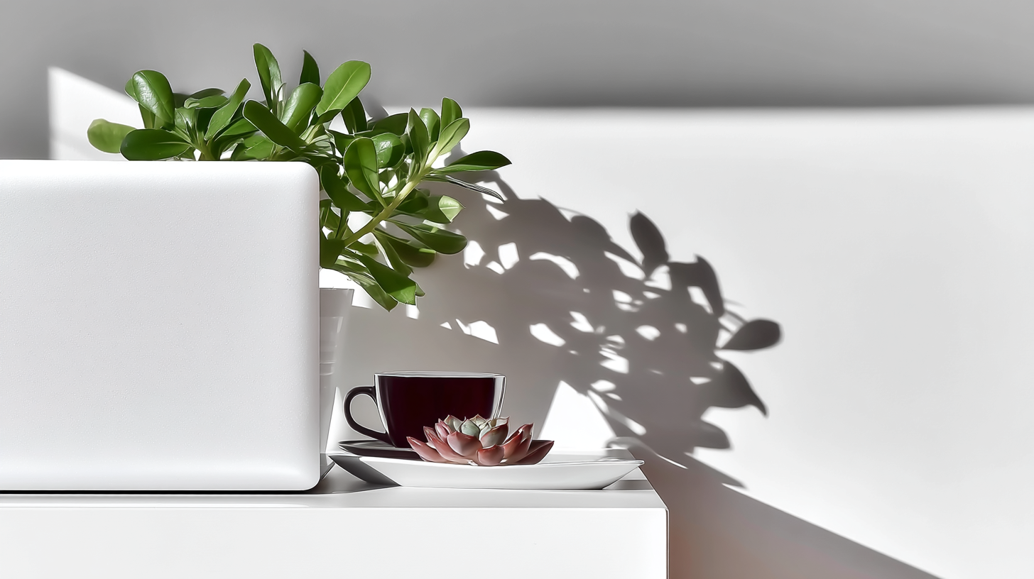 Cena minimalista com laptop branco, planta verde e xícara de café em fundo claro, iluminação suave criando sombras delicadas e composição equilibrada com elementos cuidadosamente dispostos.