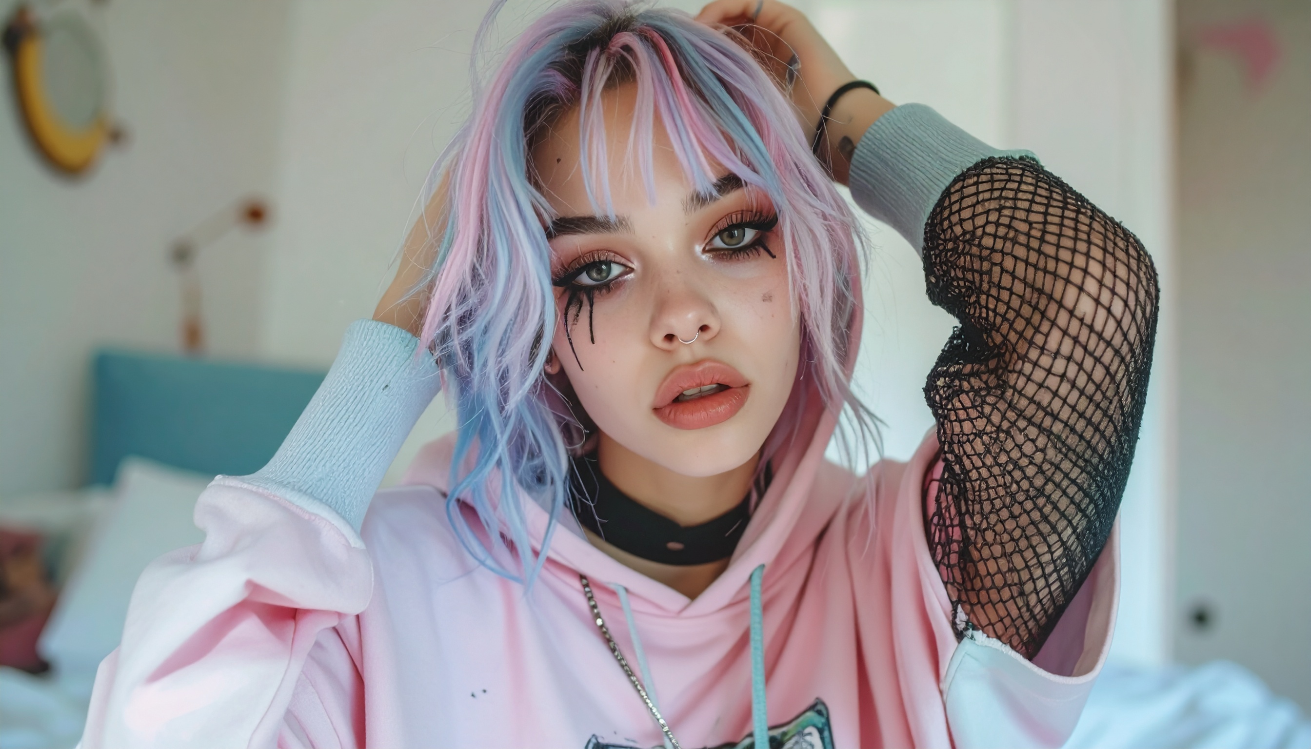 A young woman with pastel hair and edgy makeup poses confidently in a casual setting