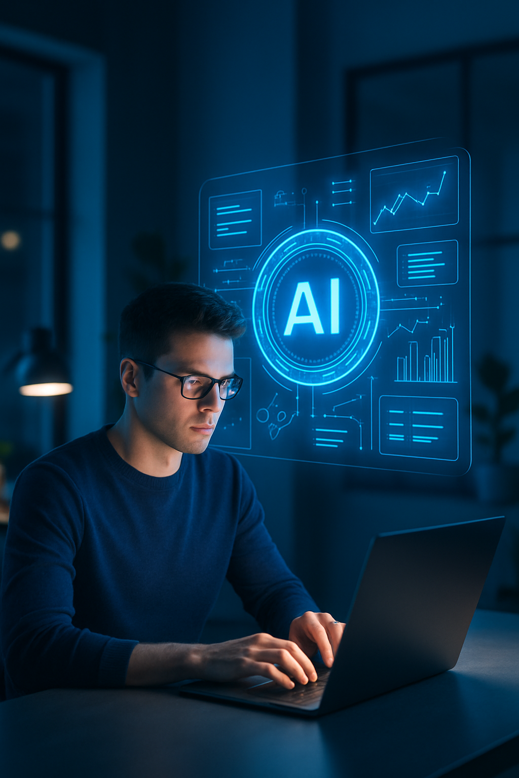 Homem com óculos em um ambiente moderno e futurista, trabalhando em um laptop com uma interface holográfica de inteligência artificial brilhando em azul ao fundo.