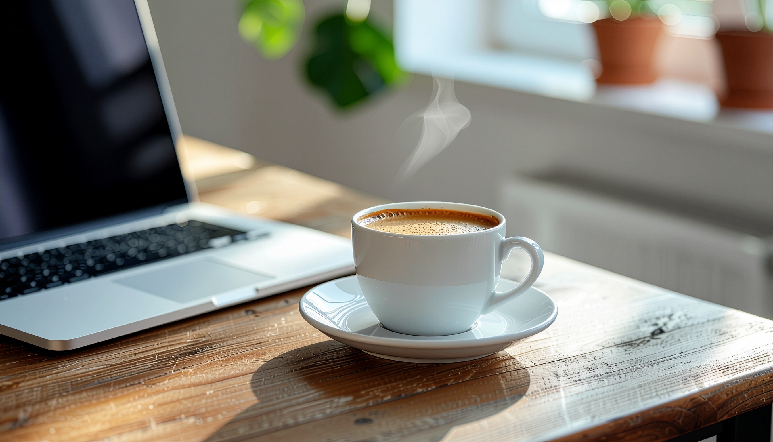 Steaming Coffee Cup Next to Laptop on Wooden Table