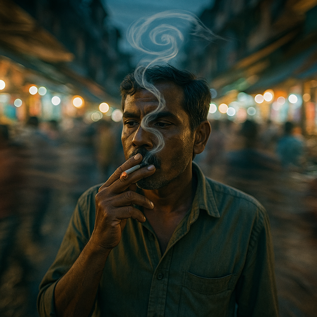 A man is enjoying a cigarette in a lively market setting