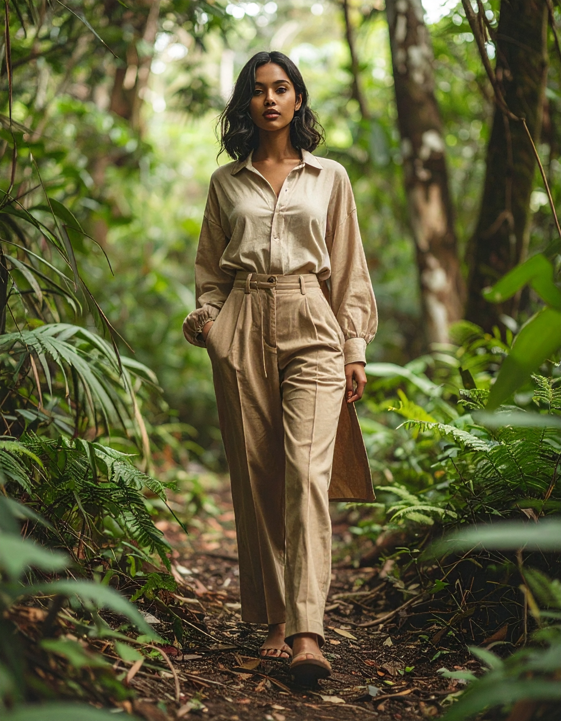 A woman walks confidently through a lush green forest, showcasing a stylish beige outfit