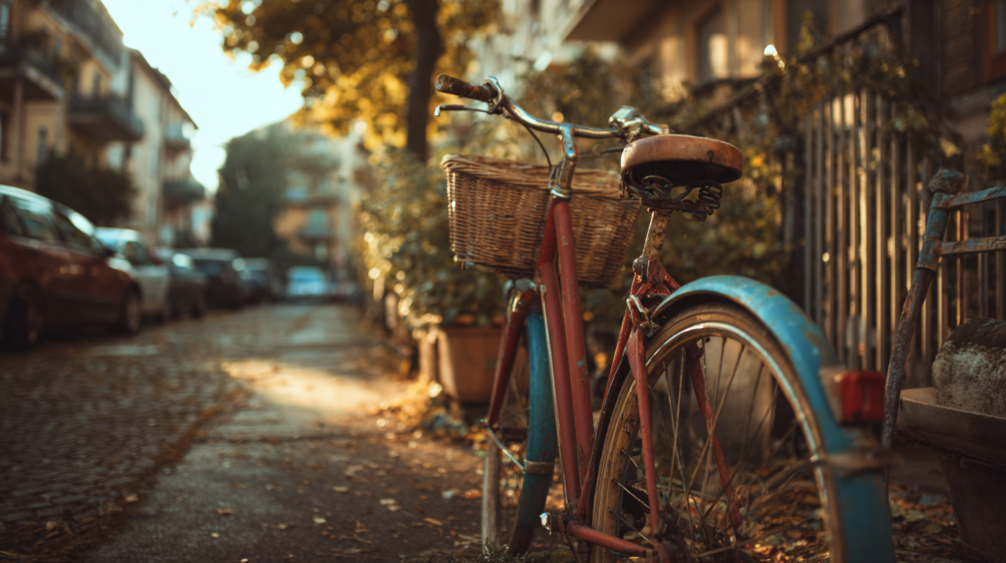 Vintage bicycle with a wicker basket parked on a cobblestone street, surrounded by autumn foliage and residential buildings, capturing a serene urban scene.