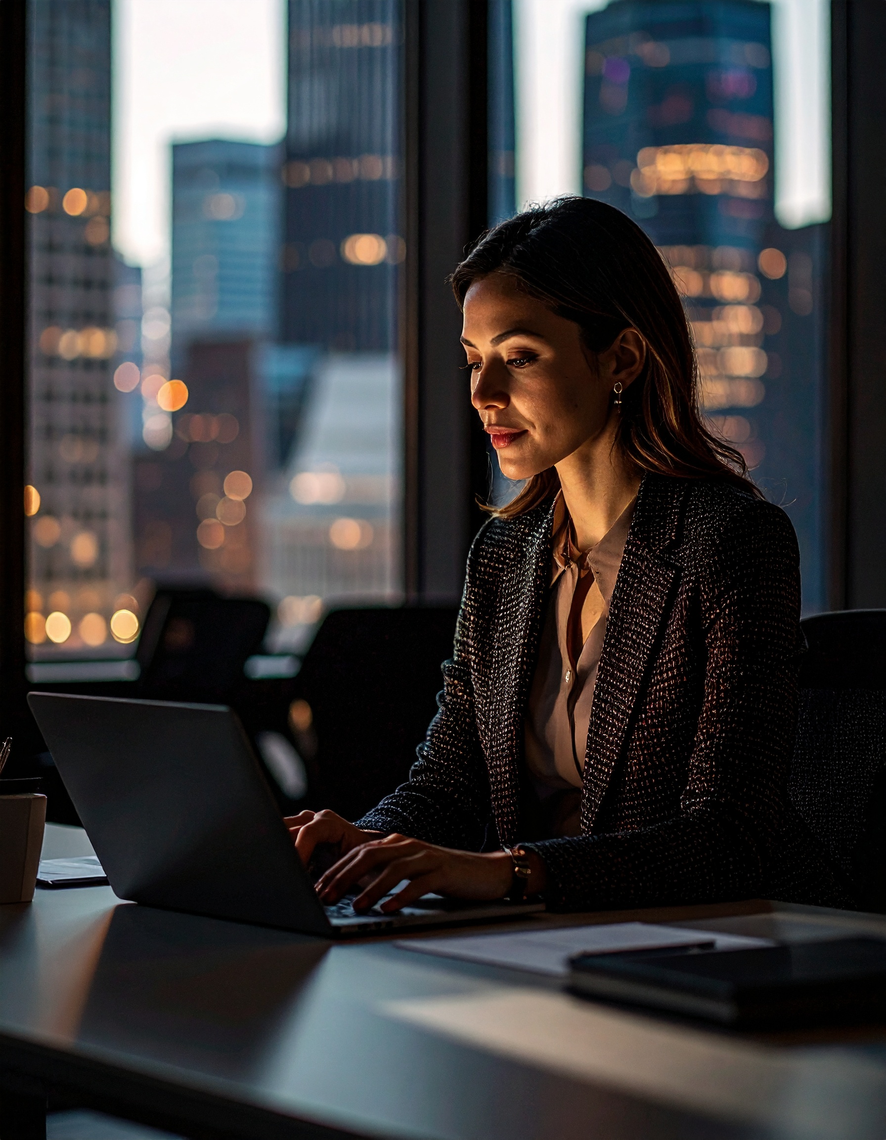 Mulher profissional em traje formal trabalhando em um laptop, em um escritório moderno com janelas amplas exibindo o horizonte urbano iluminado à noite. Iluminação suave e foco nítido destacam a concentração e ambiente sofisticado. Composição equilibrada, combinando elementos de negócios e arquitetura contemporânea.