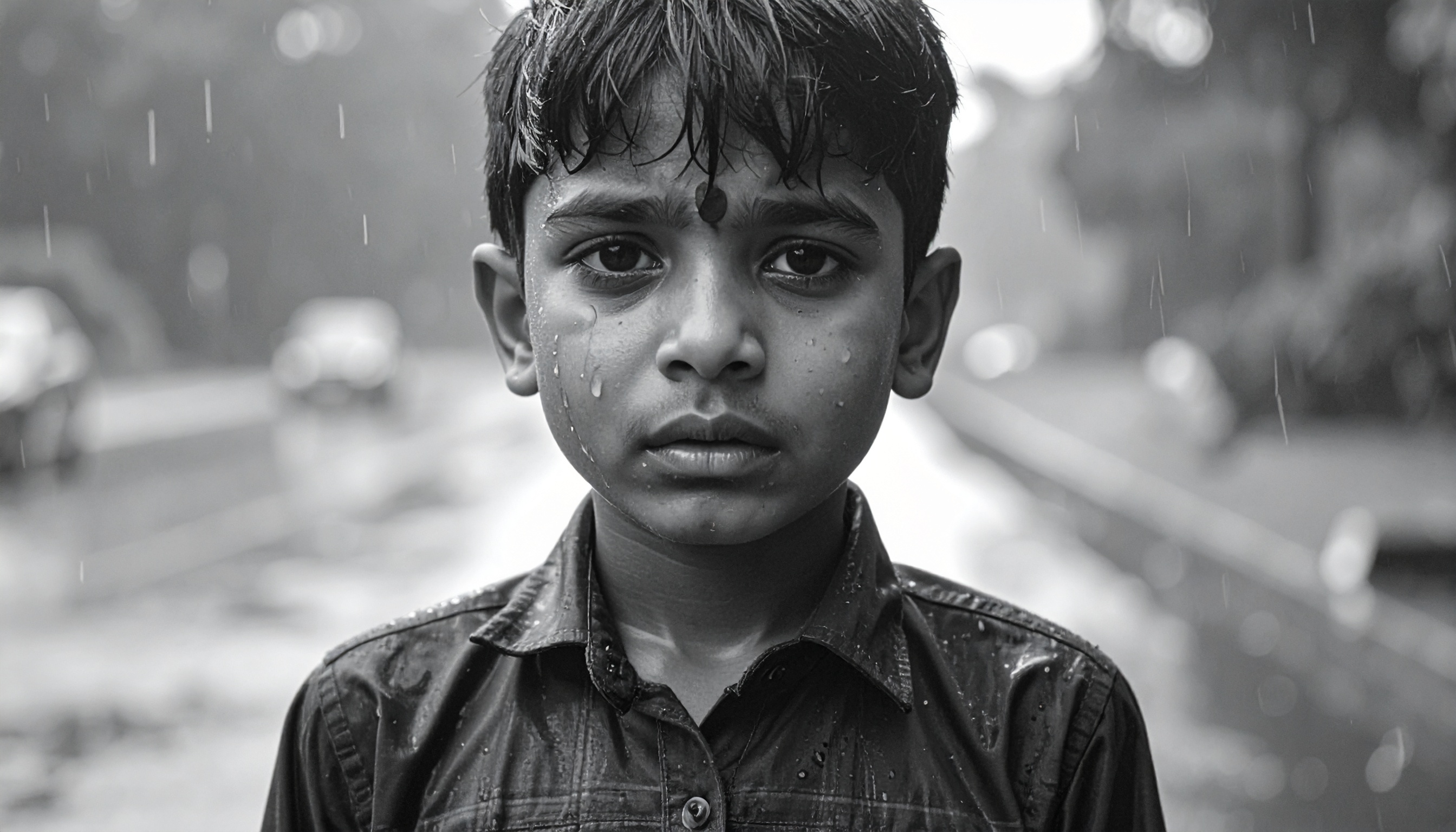 A young boy stands solemnly in the rain, his face expressing deep emotion