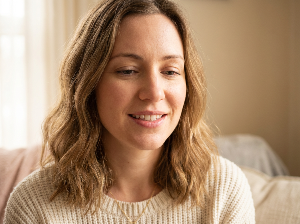 A woman with light brown hair smiles softly indoors