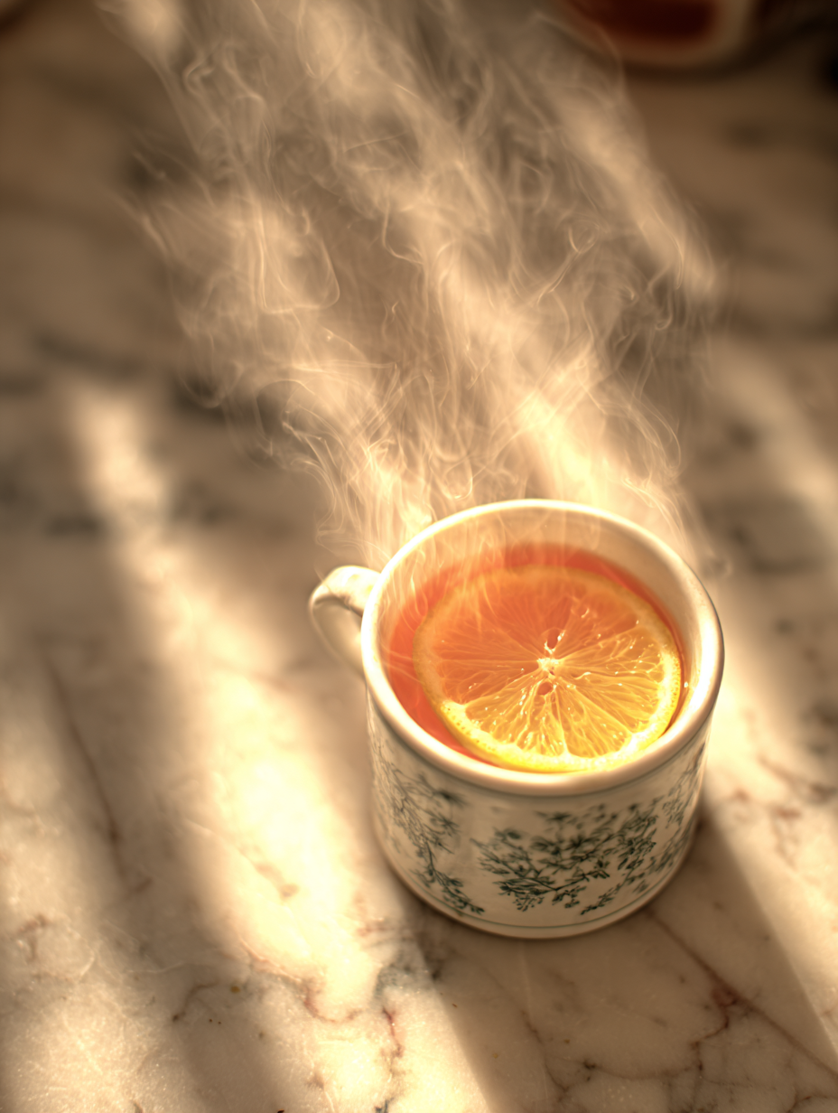 Chá quente com rodela de laranja em caneca vintage sobre mesa de mármore iluminada pelo sol, criando uma atmosfera aconchegante e tranquila, ideal para relaxamento.