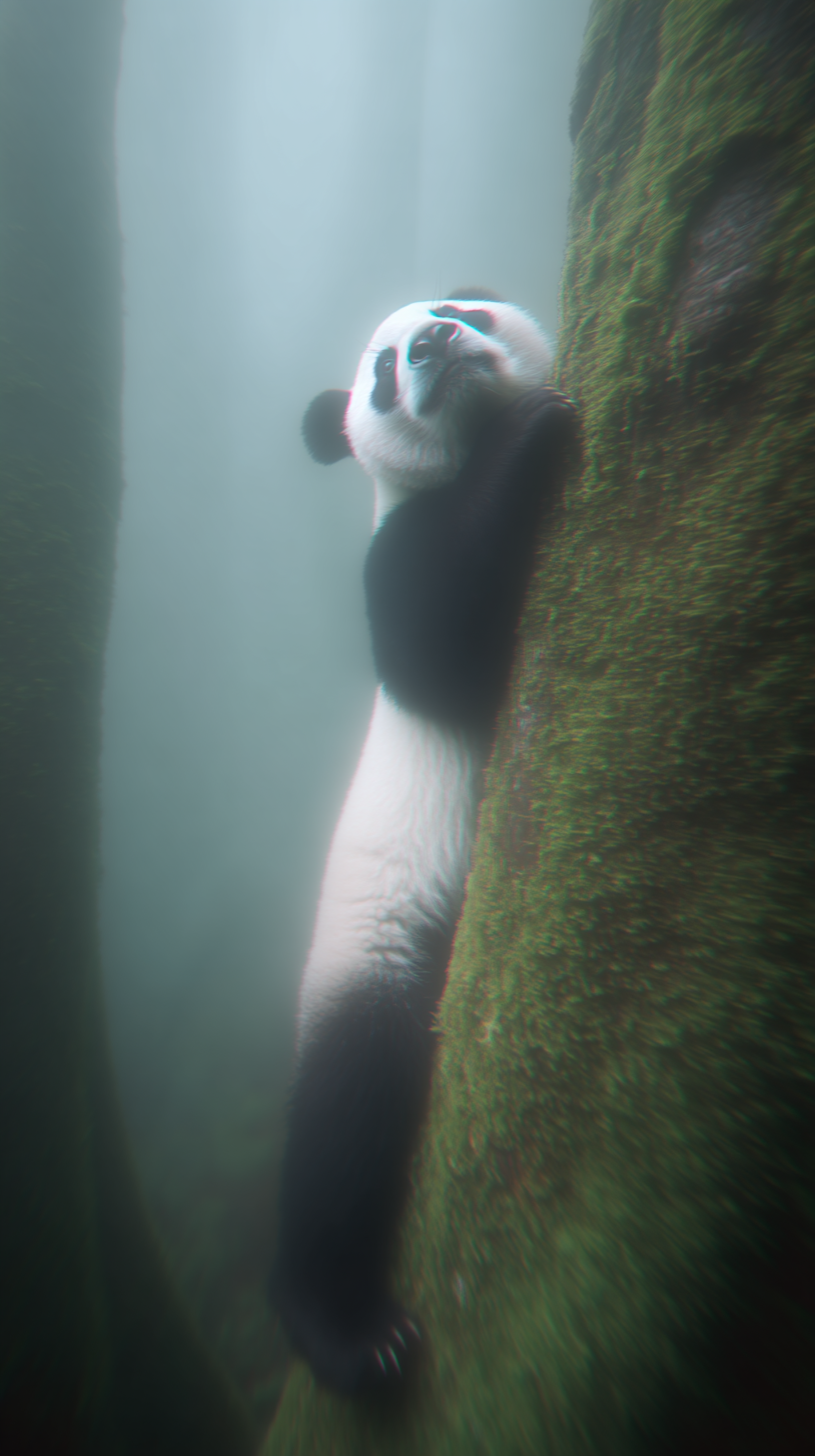 Um panda gigante abraça um tronco coberto de musgo em uma floresta nebulosa, transmitindo uma sensação de tranquilidade e isolamento. A iluminação suave destaca o contraste entre o preto e branco da pelagem do panda e o verde musgo ao fundo, criando uma composição harmoniosa e envolvente, com o foco suave contribuindo para uma atmosfera etérea.