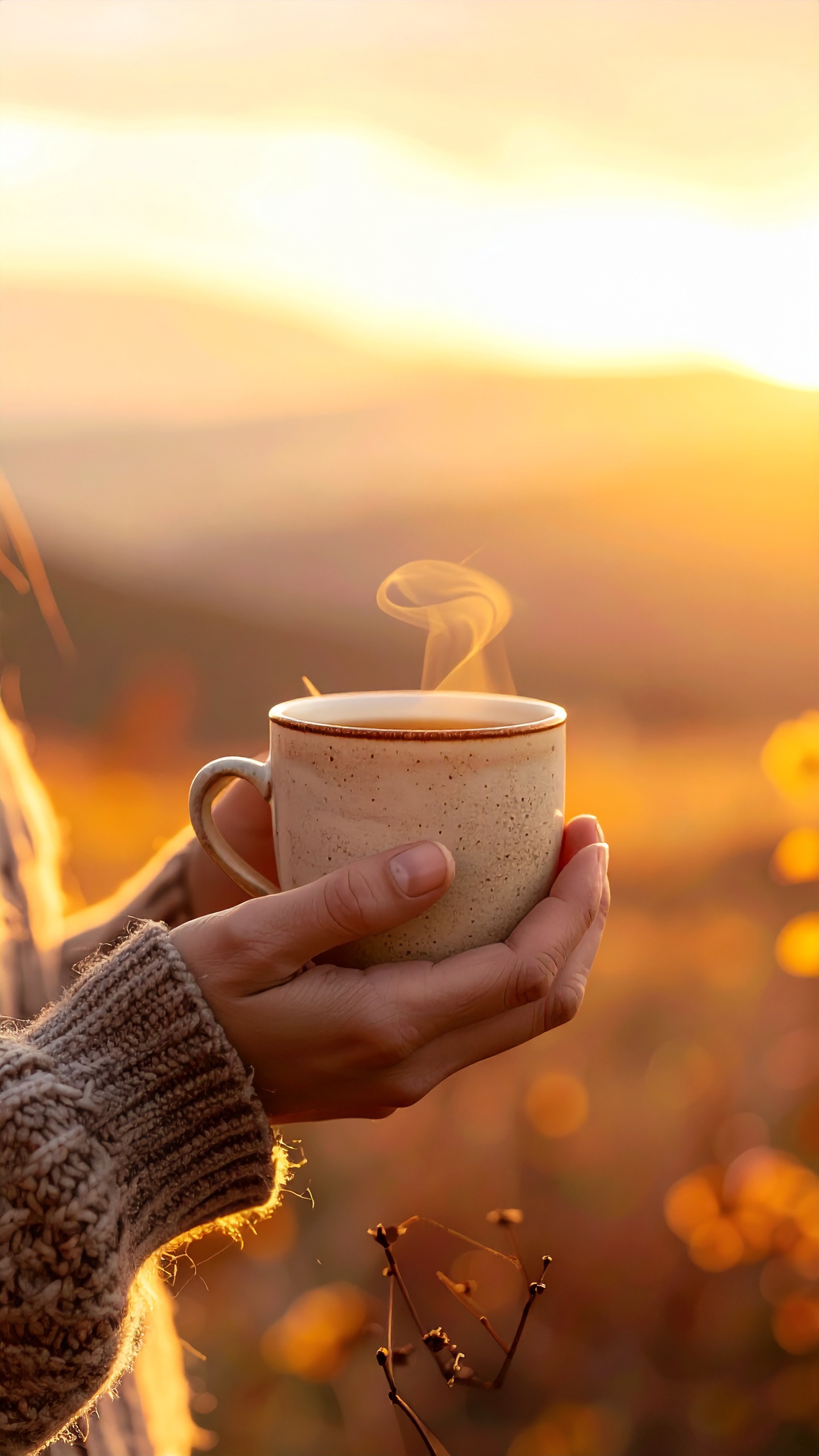 A steaming mug is cradled in hands wearing a cozy sweater, set against a warm golden sunset