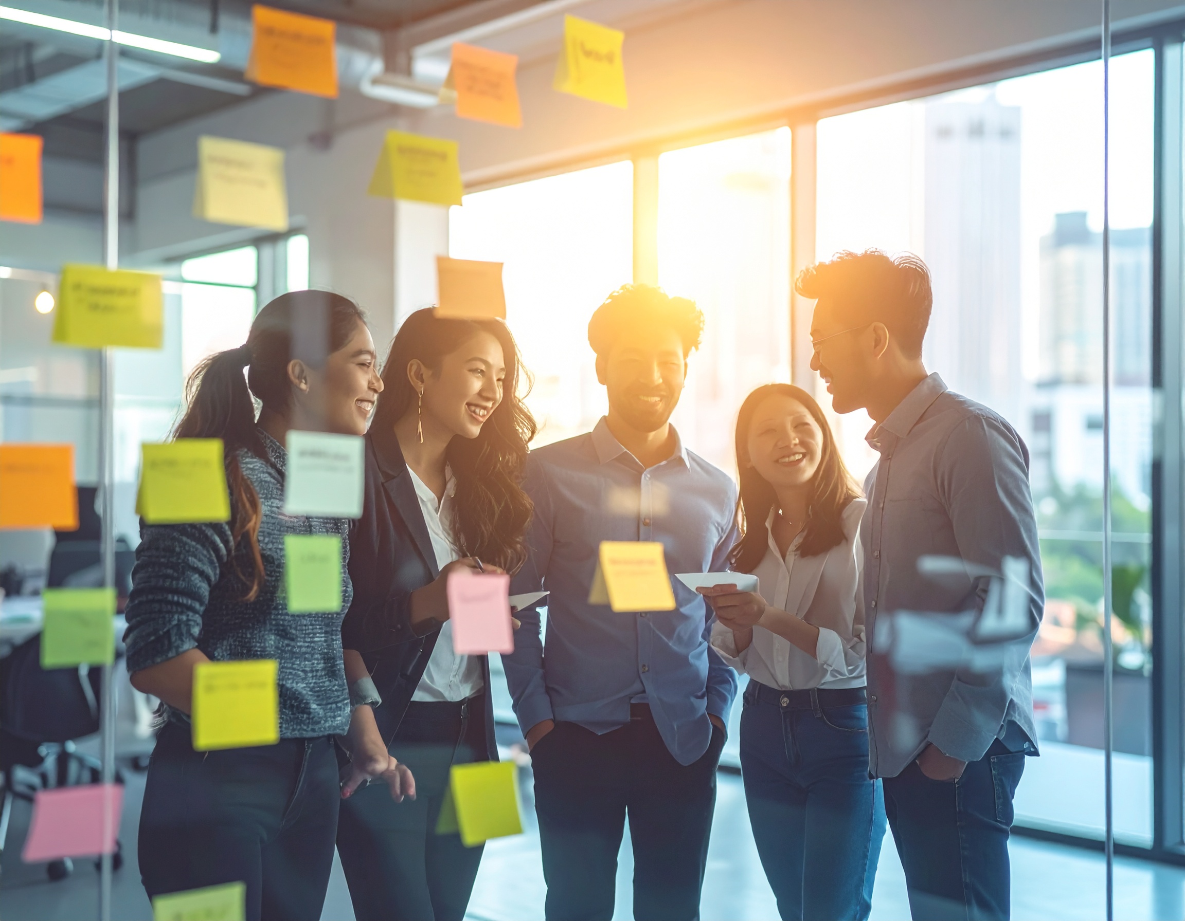 Grupo de jovens profissionais colaborando em escritório moderno com luz suave do pôr do sol, transmitindo criatividade e inovação. Notas adesivas coloridas no vidro refletem brainstorming e trabalho em equipe.
