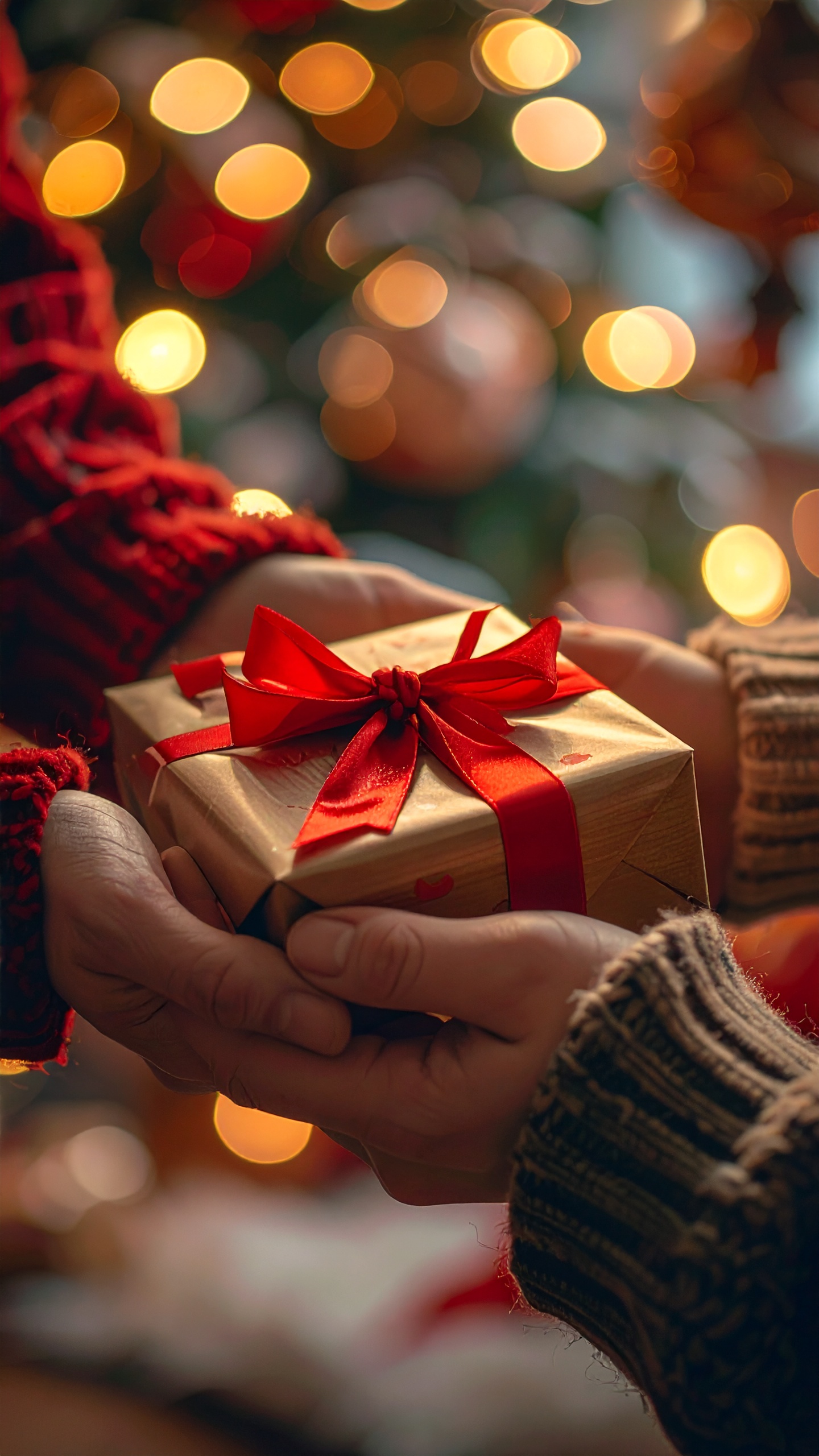 Duas mãos trocam um presente embrulhado em papel dourado com fita vermelha, evocando calor e alegria natalina ao lado de luzes de Natal desfocadas no fundo.