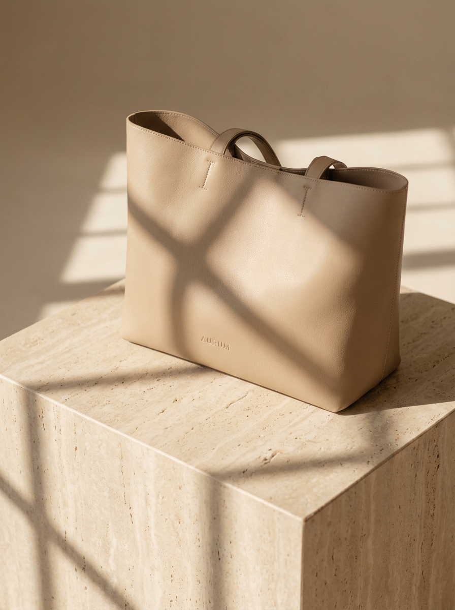 Elegant beige leather tote bag on a stone pedestal