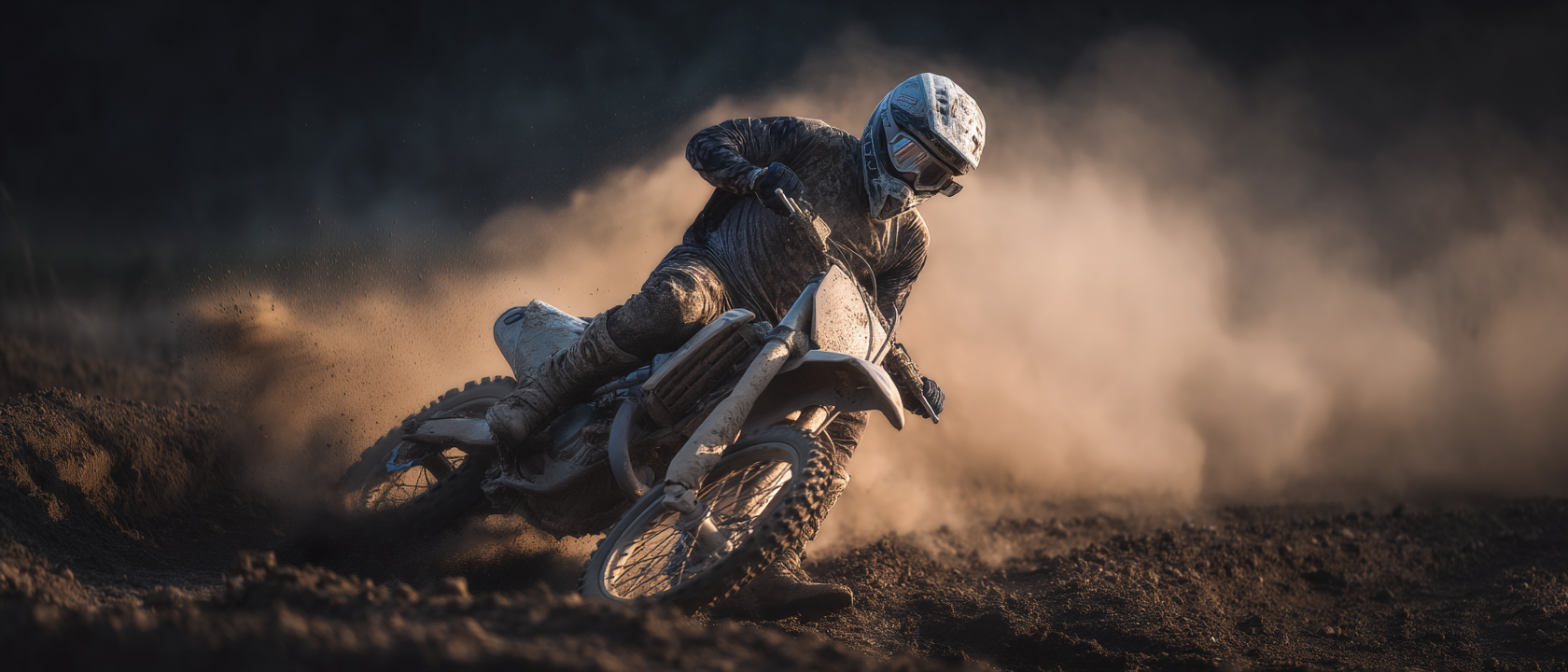 Motociclista em ação em uma pista de motocross, levantando poeira enquanto faz uma curva em alta velocidade com sua moto off-road. O piloto usa equipamento de proteção adequado, incluindo capacete e roupas de motocross, em um ambiente de terra solta e poeirenta.