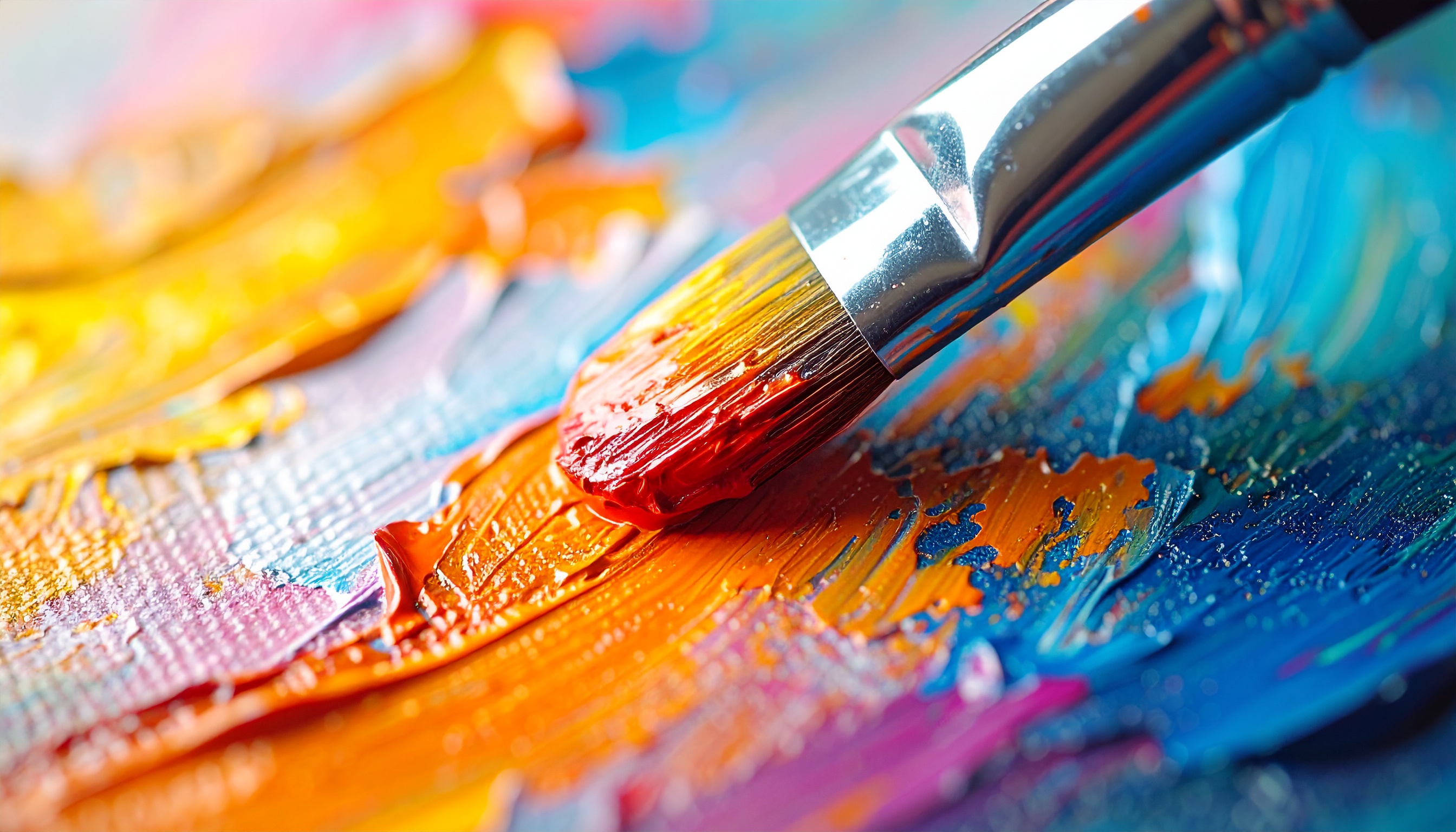 Metal Brush Applying Vibrant Paint on Canvas