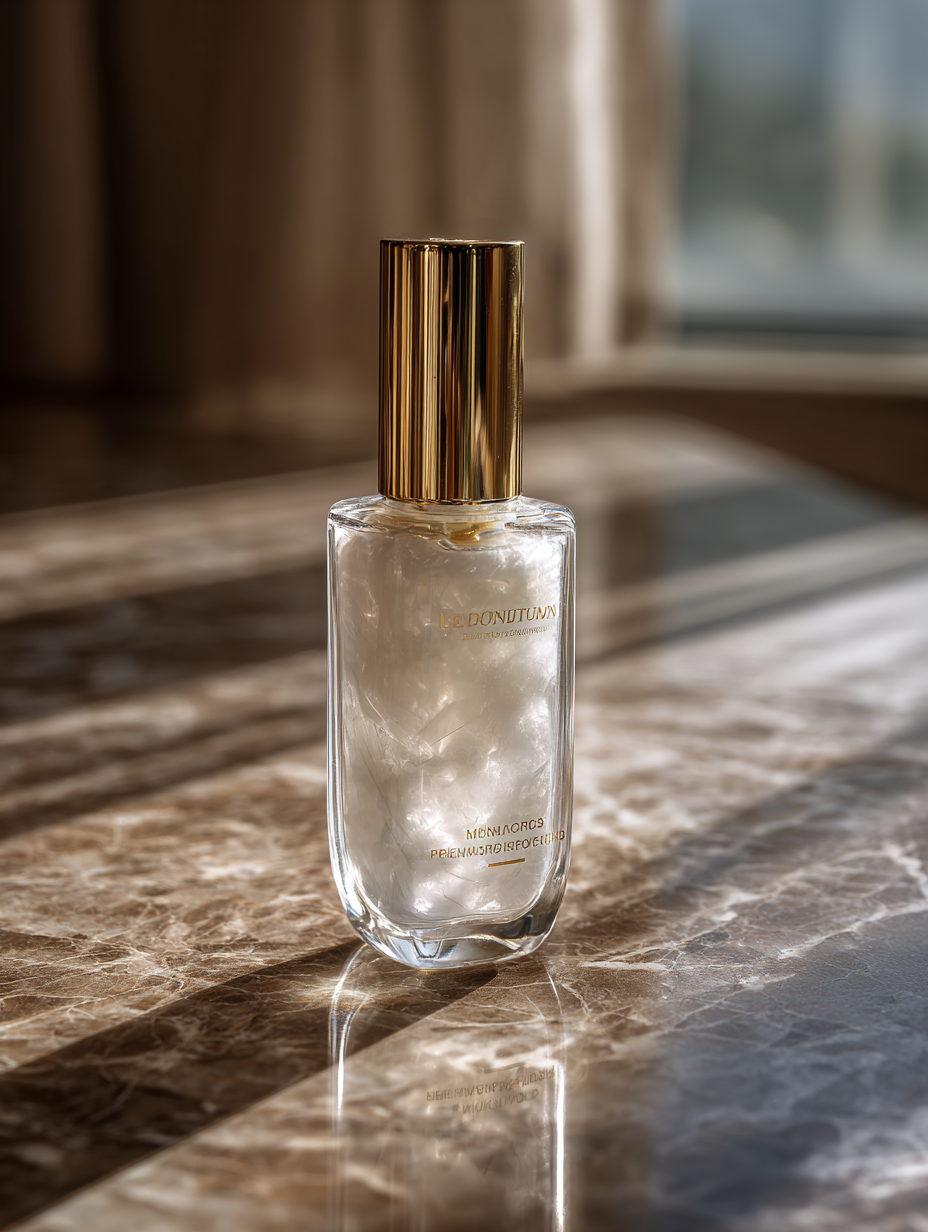 Frasco de perfume elegante com tampa dourada sobre superfície de mármore polido, iluminado por luz suave que destaca o vidro transparente e conteúdo perolado, criando uma atmosfera sofisticada e luxuosa. Fundo desfocado adiciona profundidade à composição minimalista e refinada.