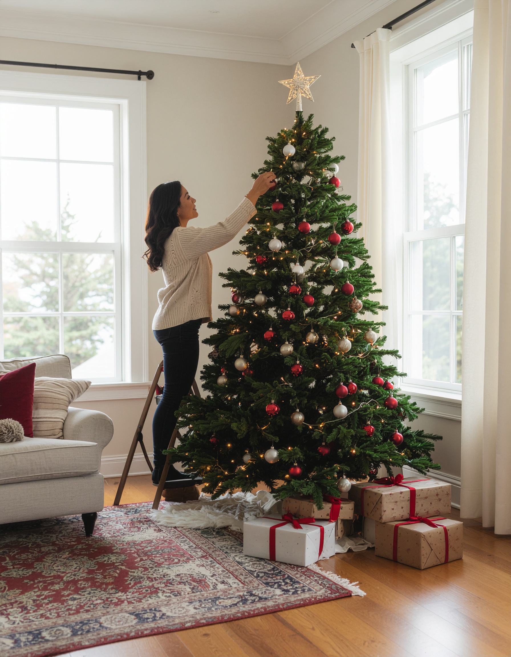 Cena acolhedora de uma mulher decorando uma árvore de Natal com enfeites vermelhos e dourados, em uma sala iluminada por luz natural. O ambiente é elegante com um sofá cinza e presentes embrulhados no chão. A iluminação suave realça a atmosfera festiva e tranquila, com uma composição equilibrada centrada na árvore e nos elementos decorativos. O uso de cores quentes e o foco nítido destacam a cena natalina, proporcionando uma sensação de harmonia e celebração.