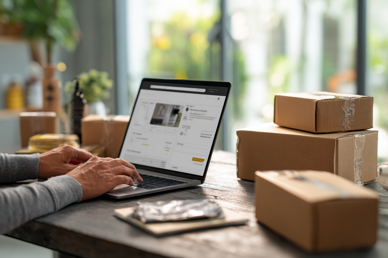 A imagem retrata uma cena de trabalho em casa, com um laptop aberto exibindo uma interface de compra online. As mãos de uma pessoa estão digitando no teclado. Ao lado do laptop, há várias caixas de papelão empilhadas e um pequeno objeto coberto com papel alumínio em uma superfície de madeira. O ambiente é iluminado pela luz natural que entra pelas janelas, criando uma atmosfera aconchegante.