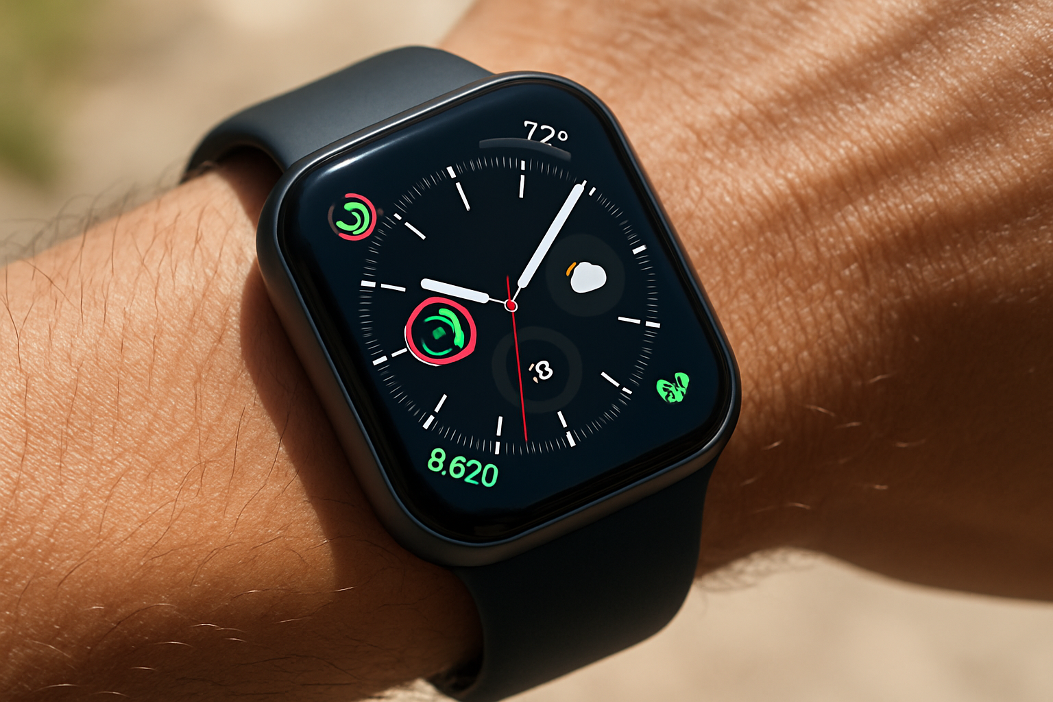 Um smartwatch moderno com visor digital colorido exibe informações detalhadas, incluindo horário e temperatura, em um pulso masculino sob luz natural intensa. A pulseira preta complementa o design elegante e minimalista, com foco preciso na tela.