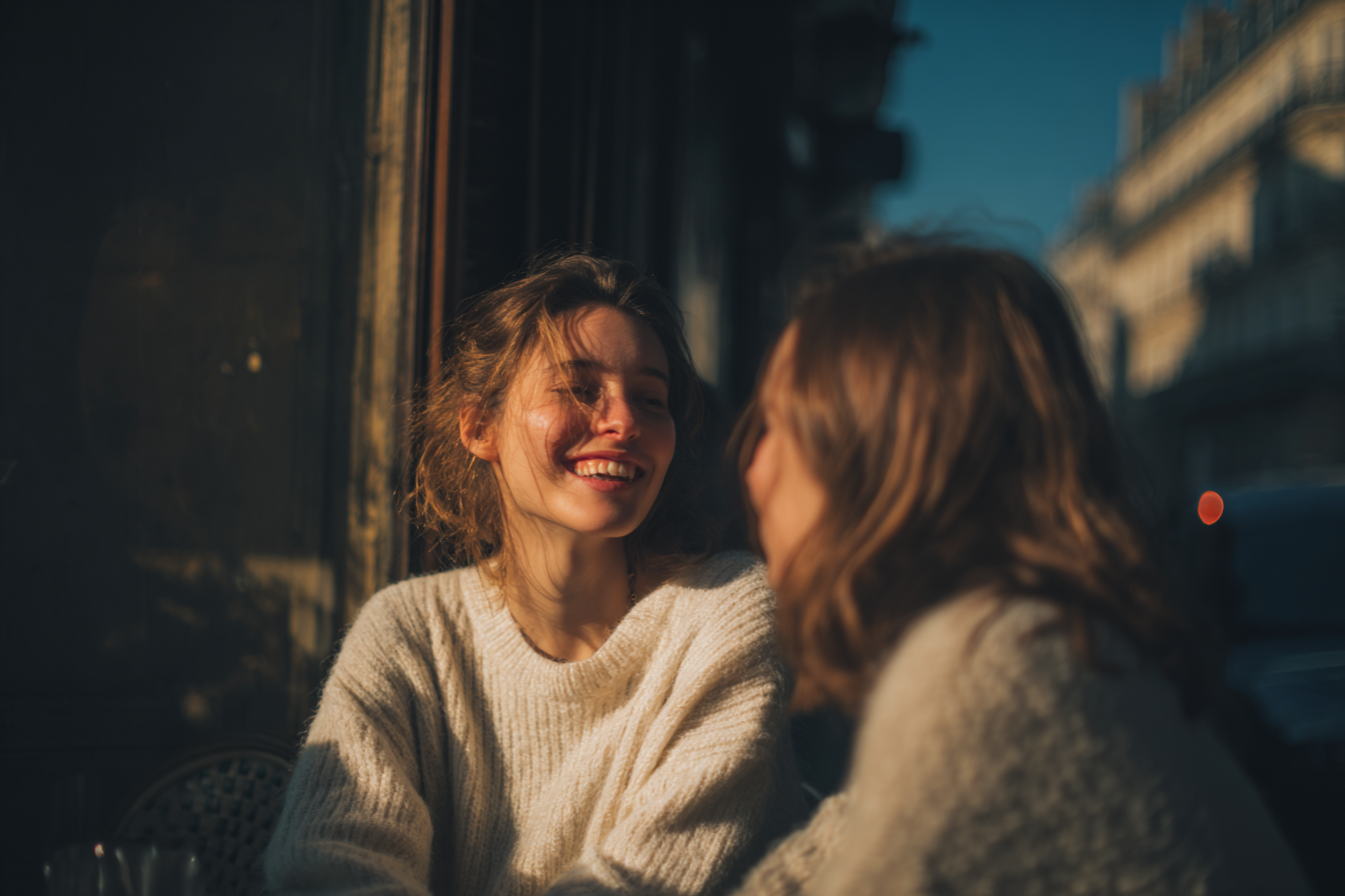 Duas mulheres sorrindo e conversando em um café ao ar livre, vestindo suéteres claros, com luz natural suave iluminando a cena durante o pôr do sol, em um ambiente urbano charmoso.