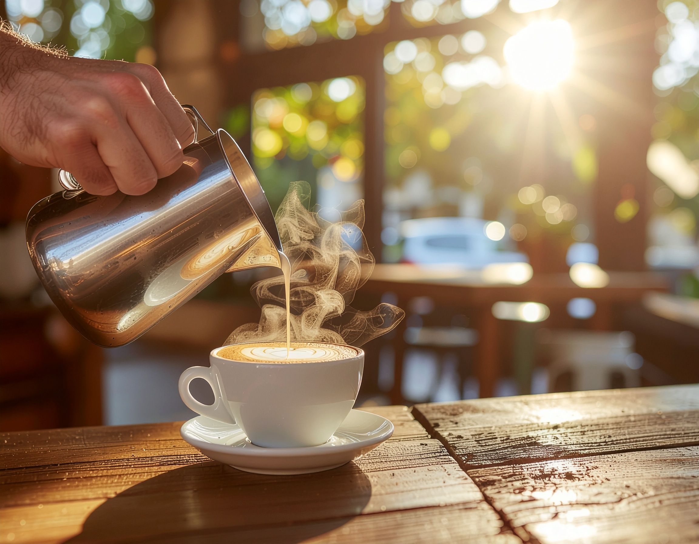 Steaming Coffee in White Cup with Milk Pouring