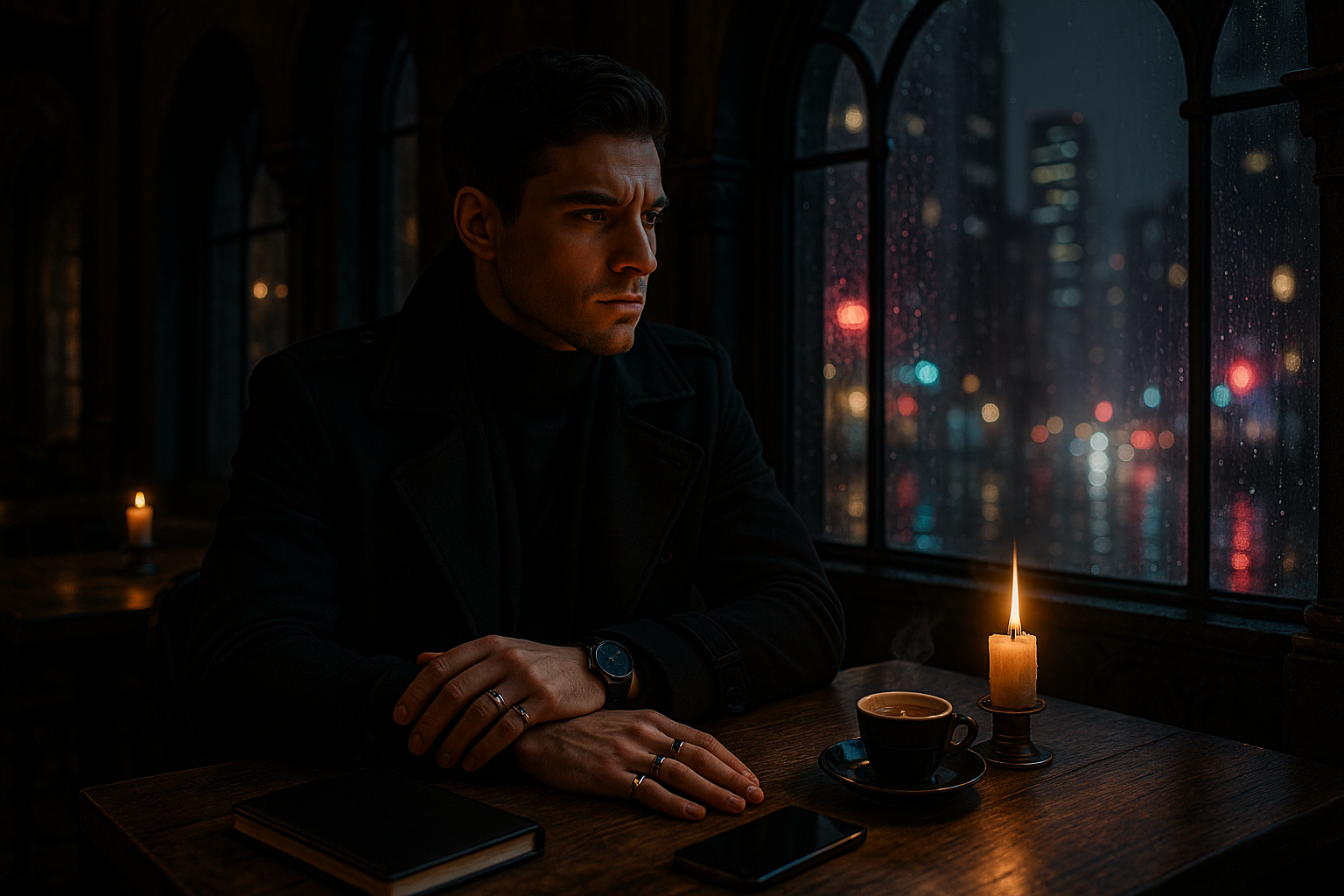 A imagem apresenta um ambiente noturno e intimista, onde um homem está sentado à mesa em um café, com um olhar pensativo. As cores dominantes são escuras, com tonalidades de preto e cinza, contrastadas por luzes quentes da vela e do café. A paleta é composta por tons de azul e cinza do ambiente externo, refletindo a chuva nas janelas, e os brilhos coloridos das luzes urbanas ao fundo. A composição é centrada no homem, com elementos ao seu redor, como uma vela acesa e uma xícara de café.