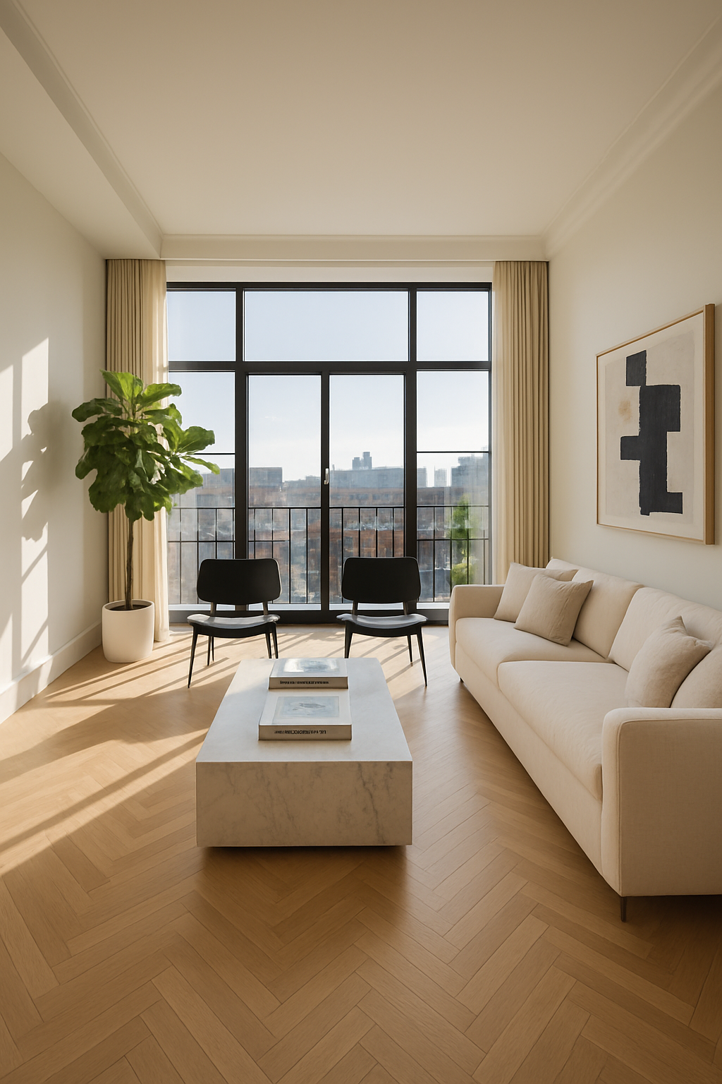 Elegant living room with large windows and modern decor